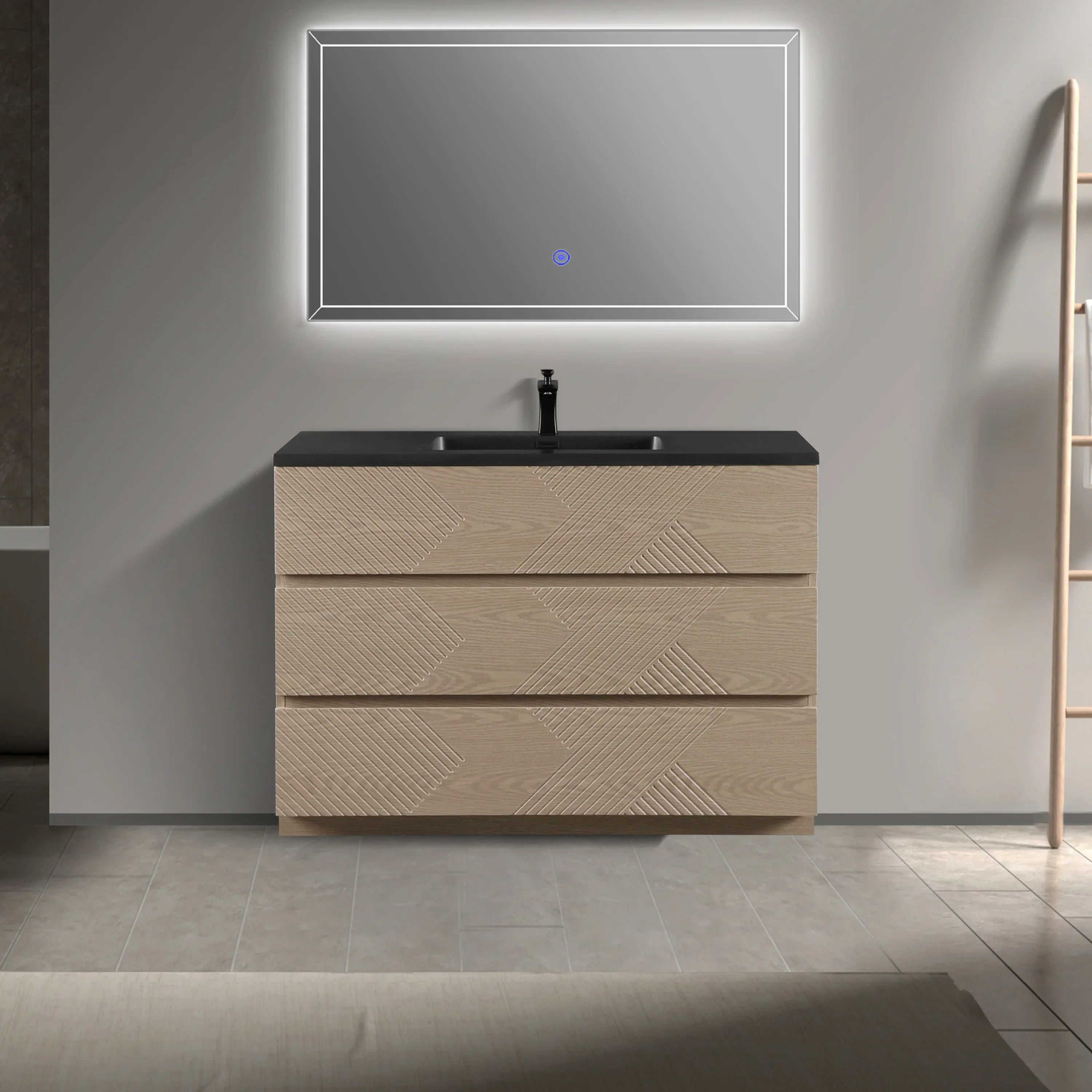 48" Taupe Oak Freestanding Vanity with Black Engineered Quartz Countertop