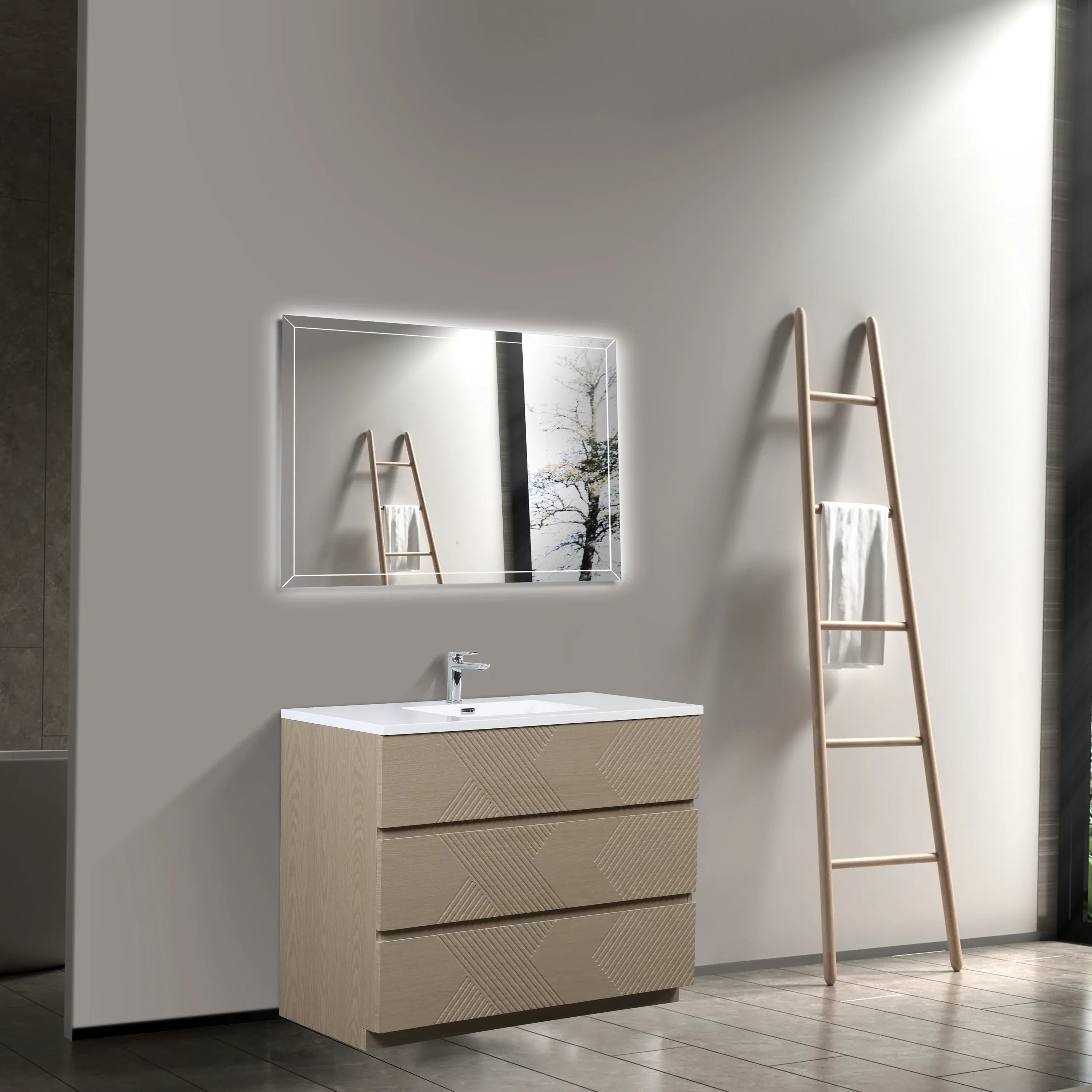 48" Taupe Oak Freestanding Vanity with White Polymarble Countertop