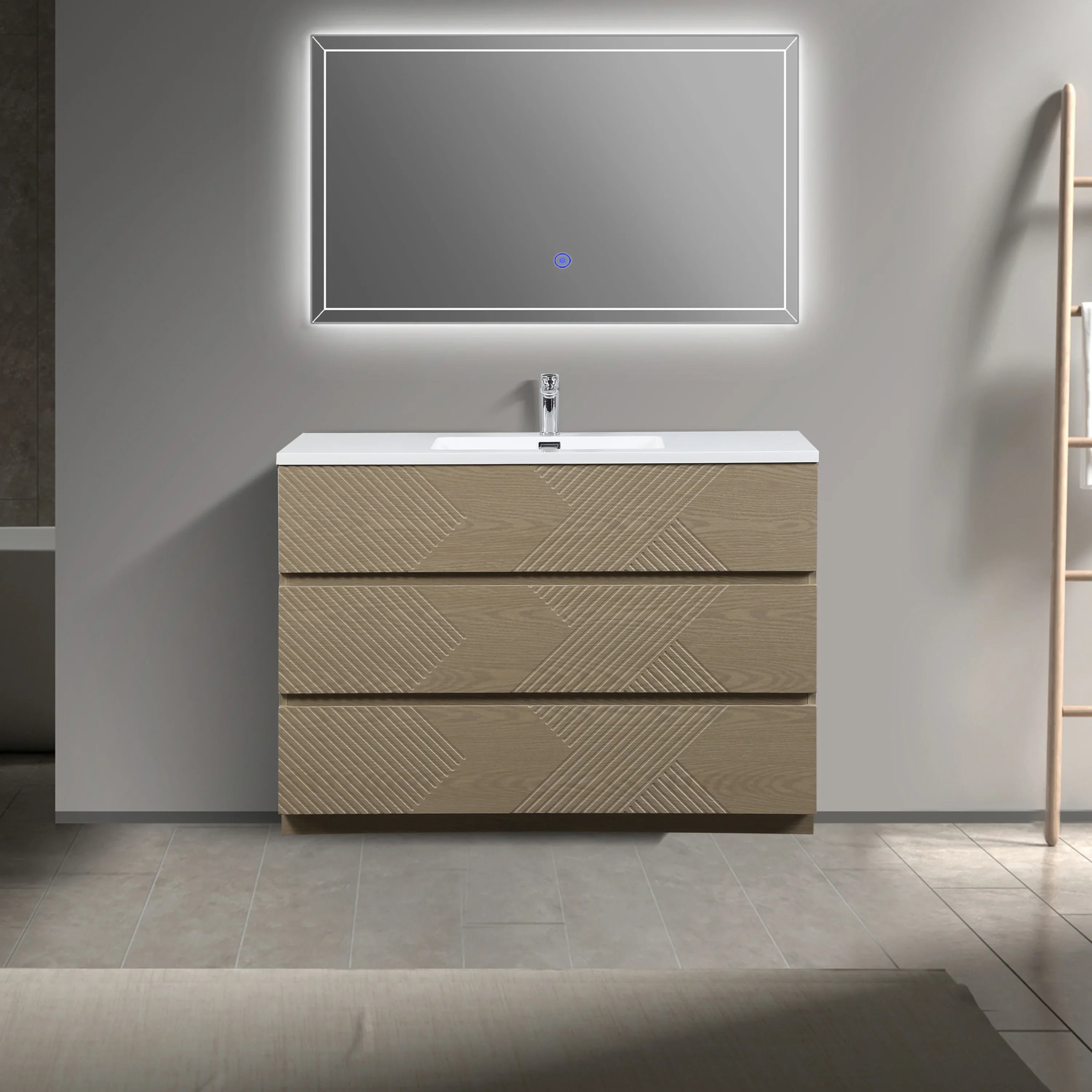 48" Taupe Oak Freestanding Vanity with White Polymarble Countertop