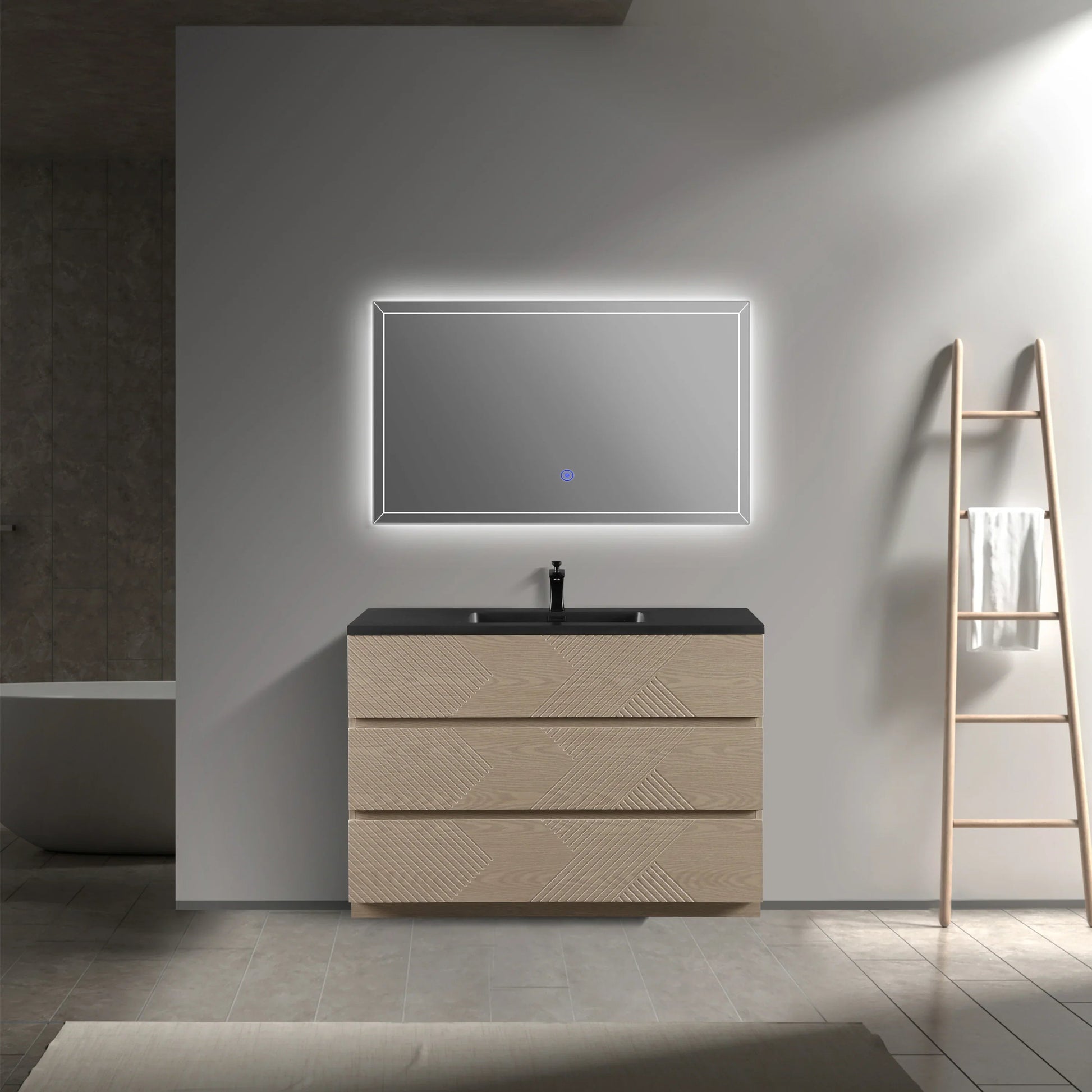 48" Taupe Oak Freestanding Vanity with Black Engineered Quartz Countertop-Migration_Bathroom Vanities-DECOROLALA