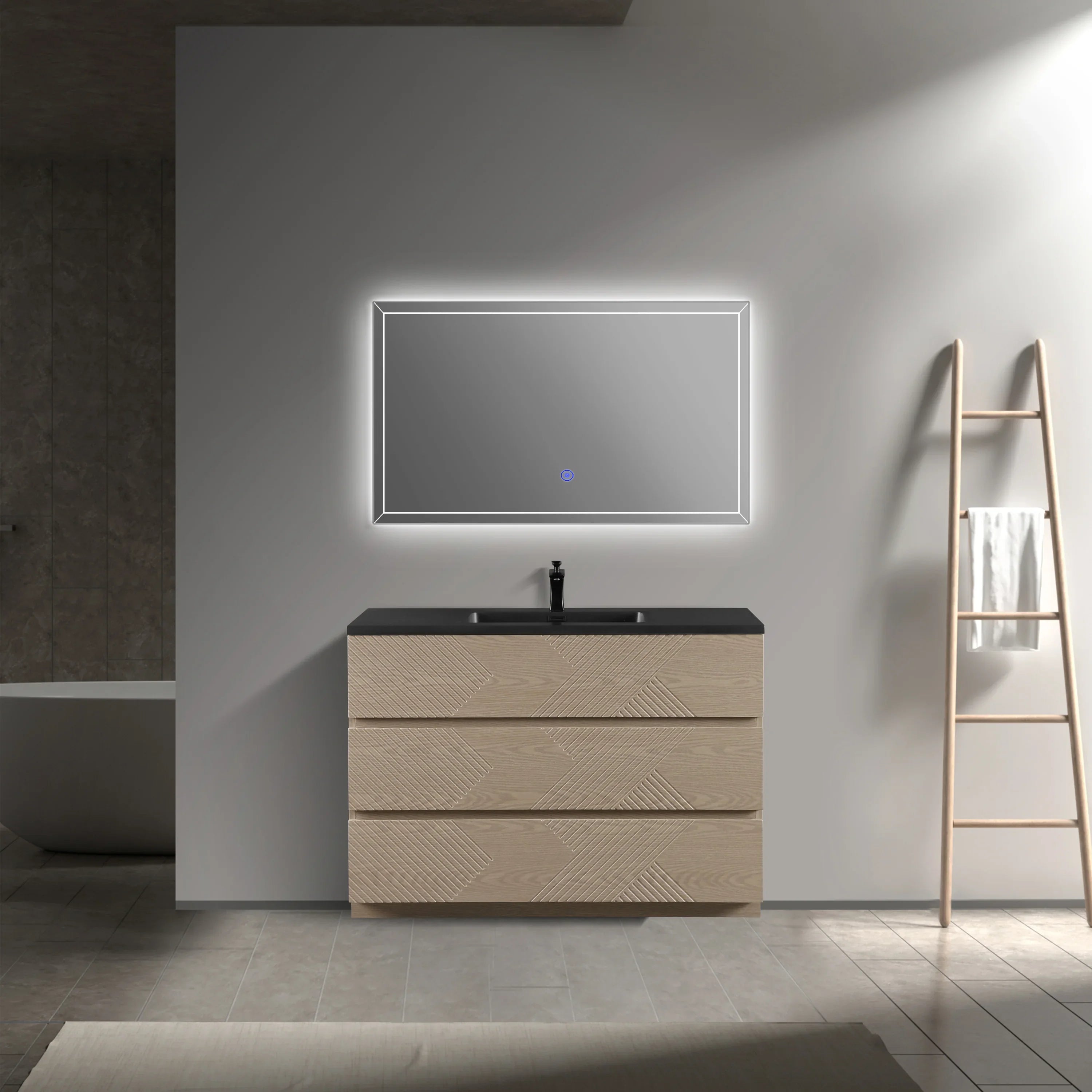 48" Taupe Oak Freestanding Vanity with Black Engineered Quartz Countertop-Migration_Bathroom Vanities-DECOROLALA