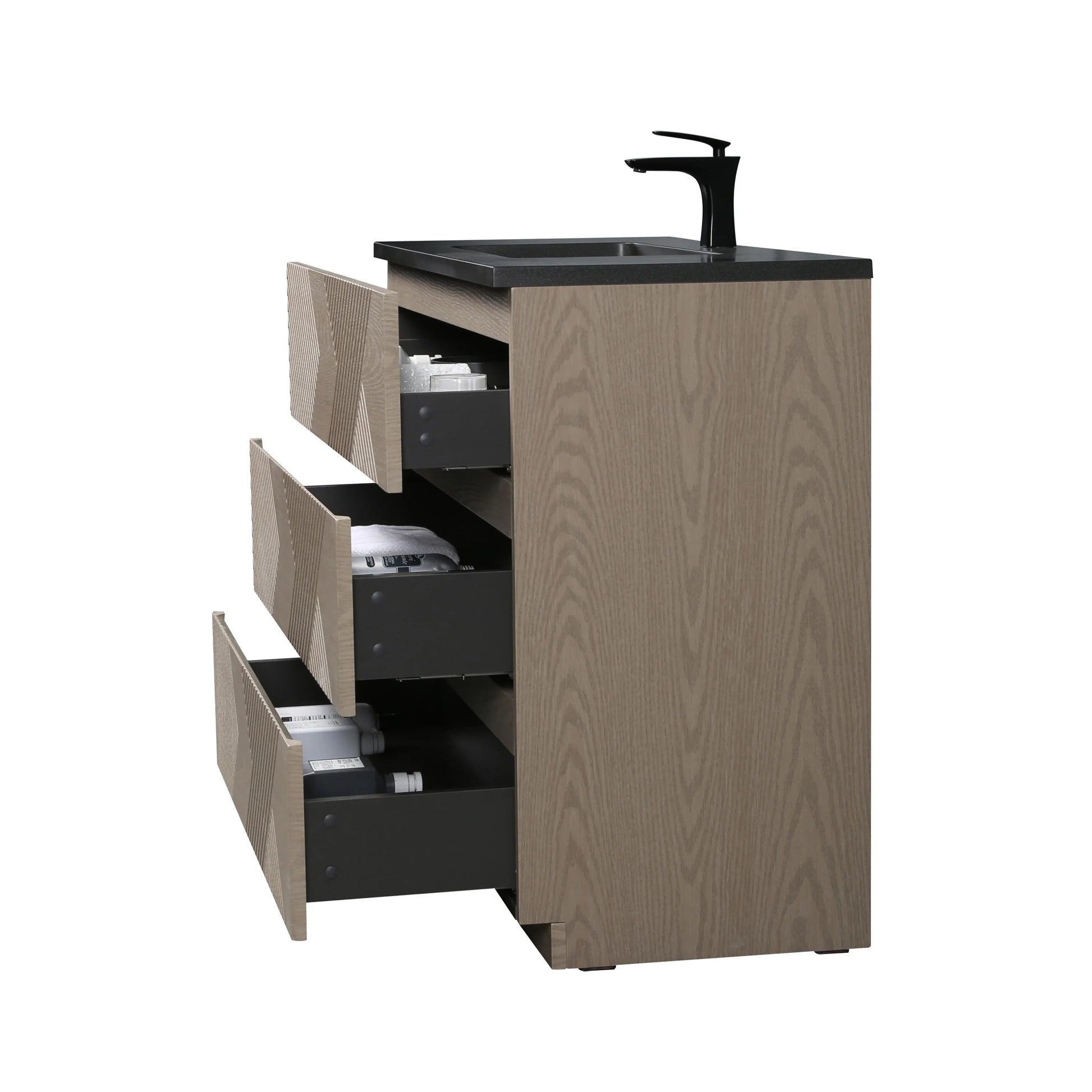 48" Taupe Oak Freestanding Vanity with Black Engineered Quartz Countertop-Migration_Bathroom Vanities-DECOROLALA