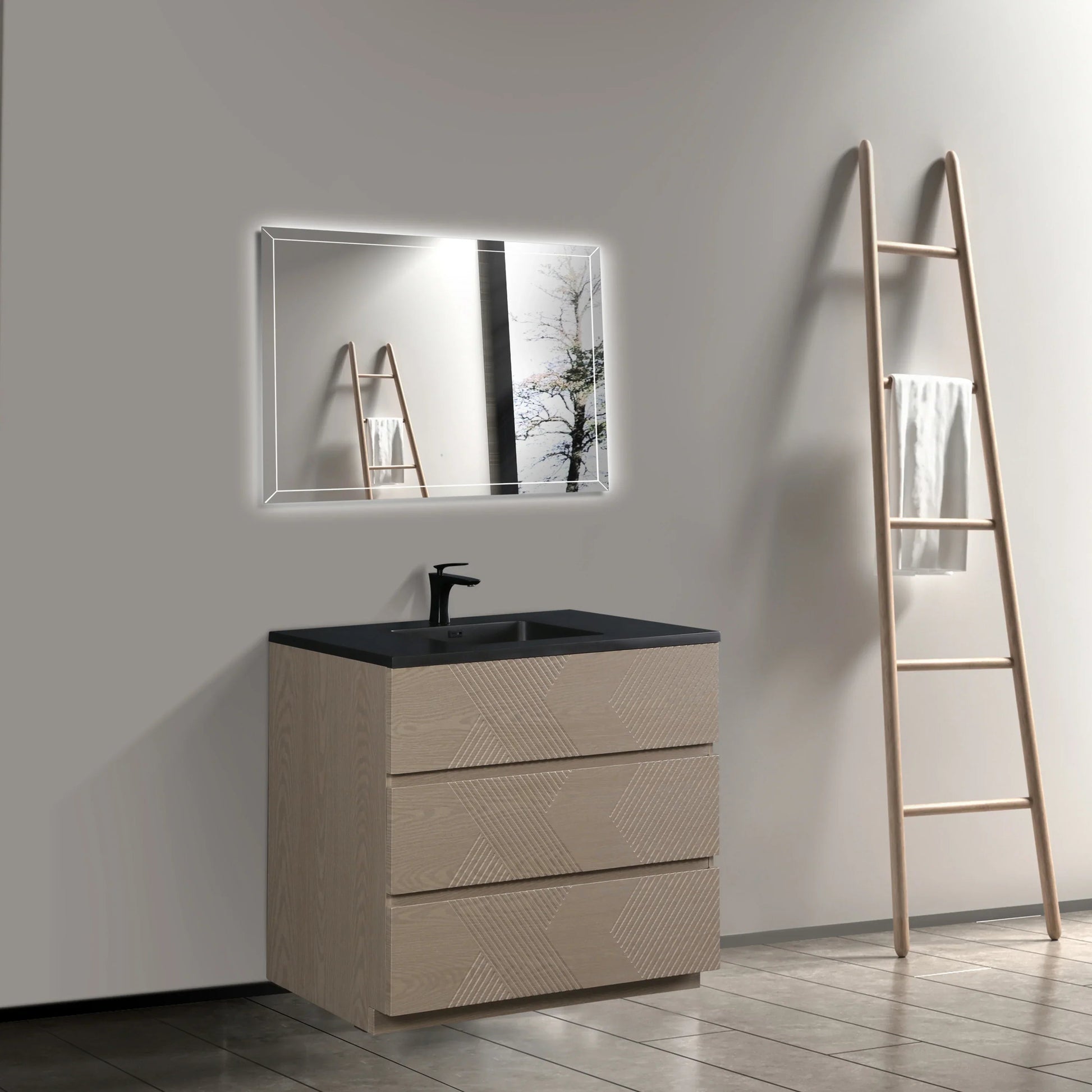 48" Taupe Oak Freestanding Vanity with Black Engineered Quartz Countertop-Migration_Bathroom Vanities-DECOROLALA