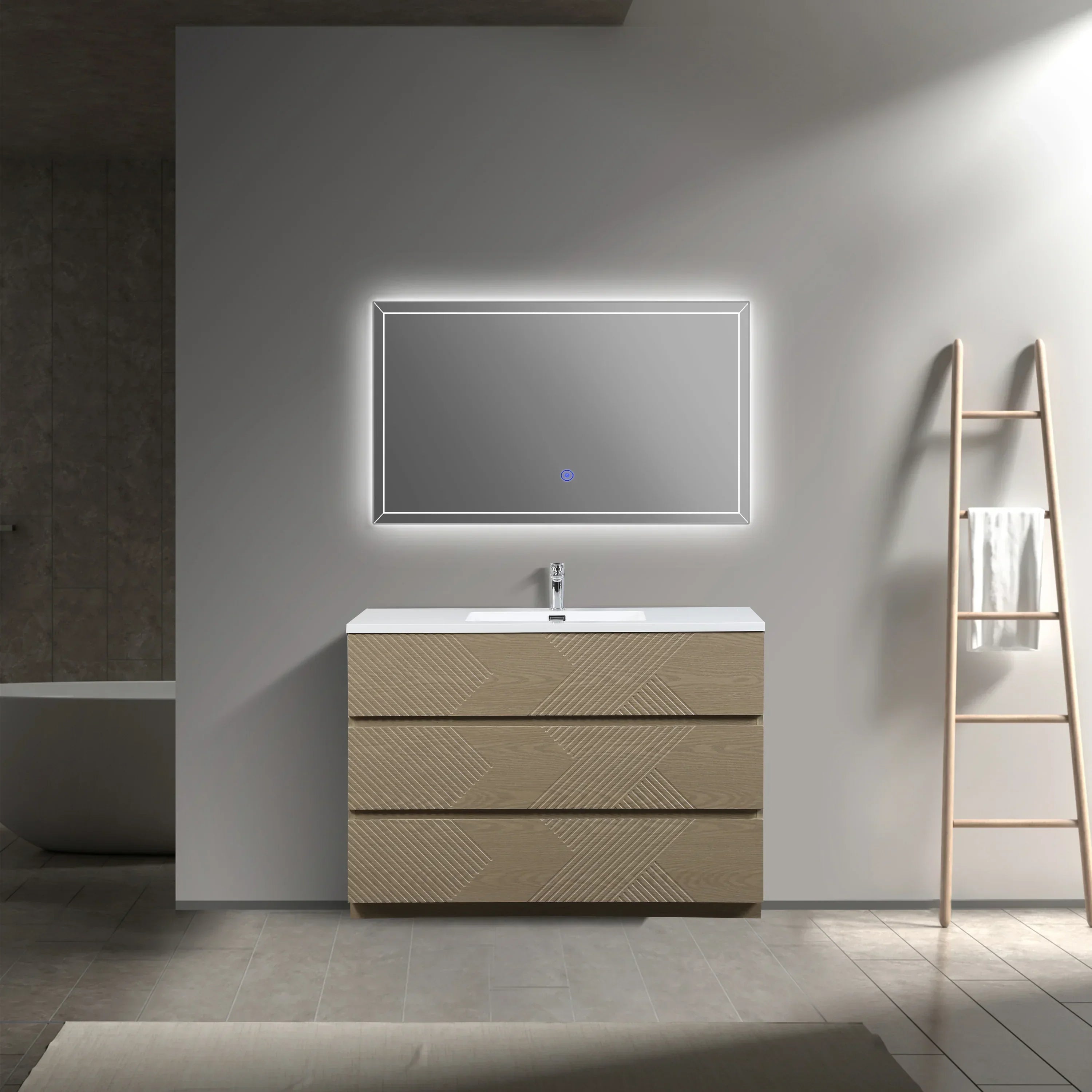 48" Taupe Oak Freestanding Vanity with White Polymarble Countertop-Migration_Bathroom Vanities-DECOROLALA