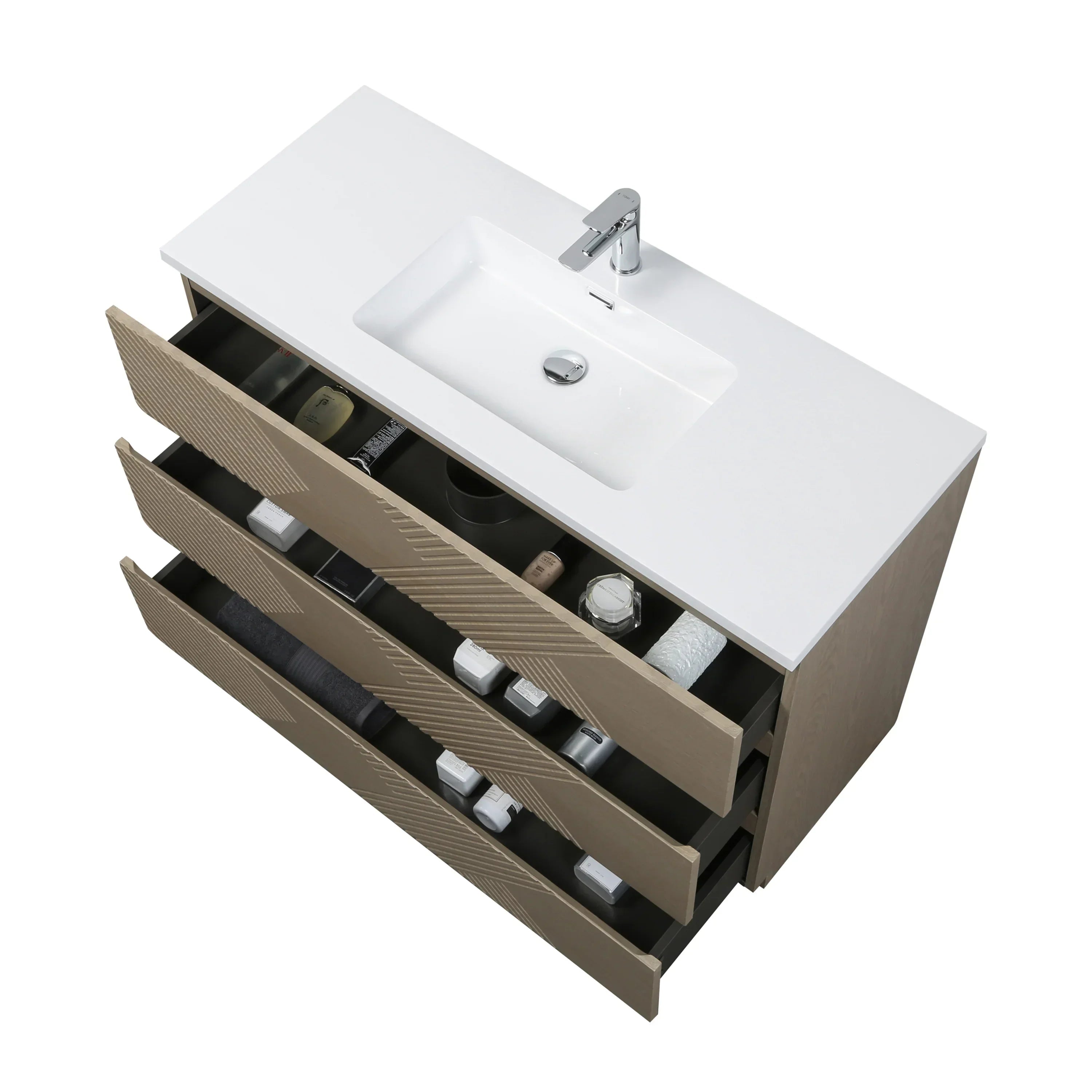 48" Taupe Oak Freestanding Vanity with White Polymarble Countertop-Migration_Bathroom Vanities-DECOROLALA