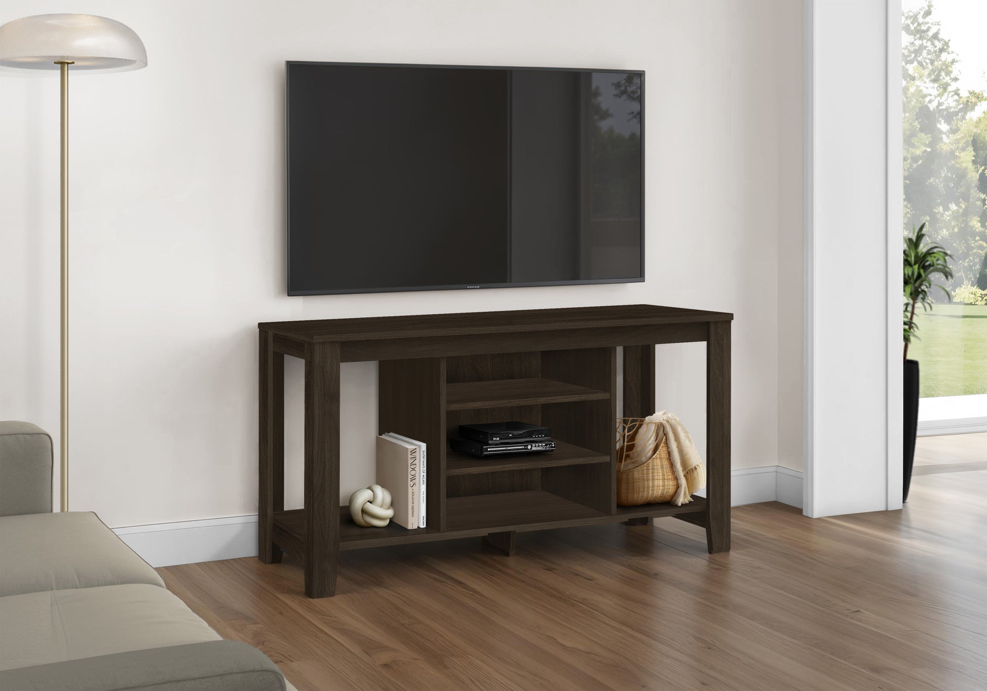 48" Taupe Wood Open Shelving TV Stand-TV Stands-DECOROLALA