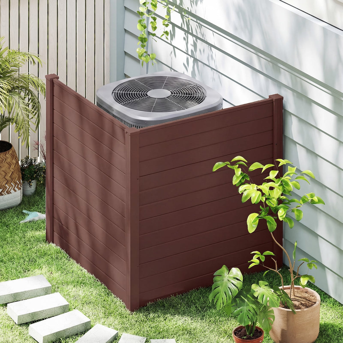 48" W x 48" H Outdoor Privacy Fence Screen Air Conditioner Fence with Galvanized Metal Ground Stakes-Brown-Outdoor Privacy Screens-DECOROLALA
