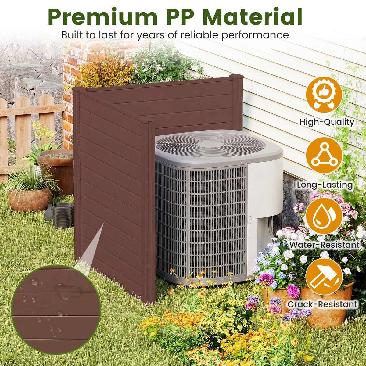 48" W x 48" H Outdoor Privacy Fence Screen Air Conditioner Fence with Galvanized Metal Ground Stakes-Brown-Outdoor Privacy Screens-DECOROLALA
