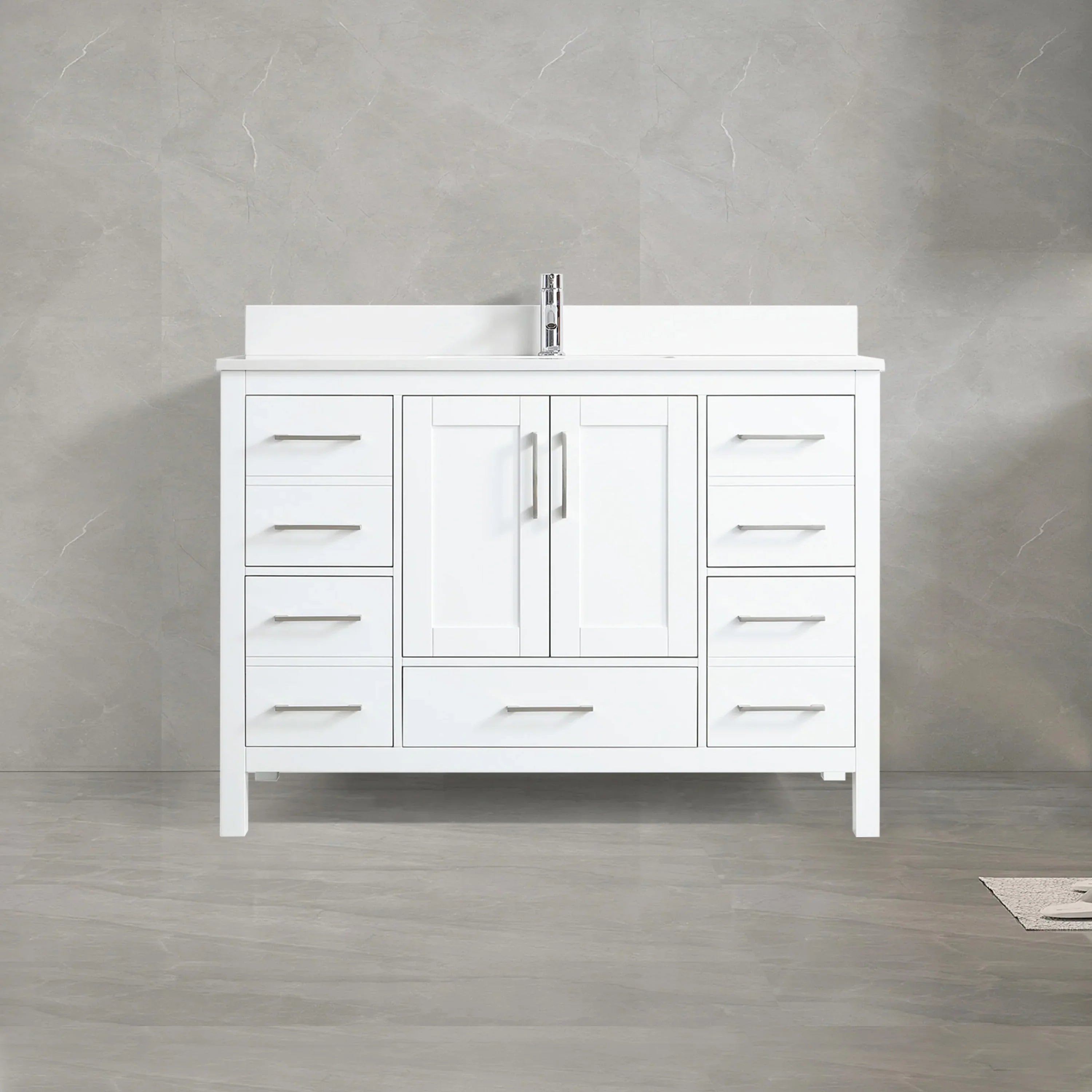 48" White Freestanding Bathroom Vanity with Snow White Quartz Countertop