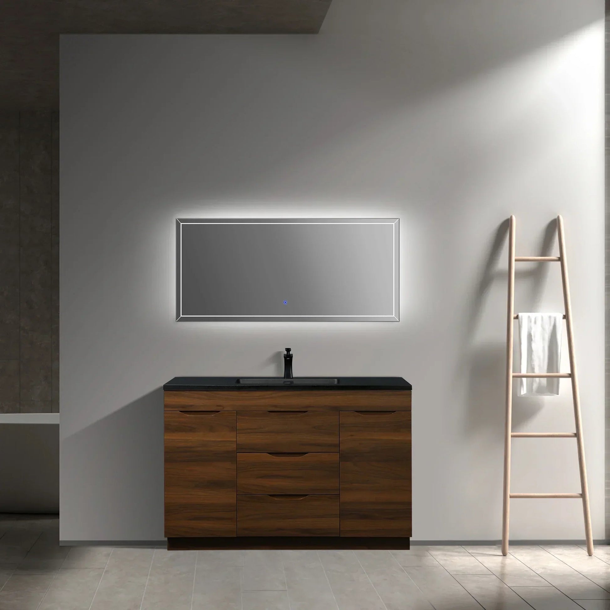 48" Walnut Freestanding Bathroom Vanity with Black Engineered Quartz Countertop-Migration_Bathroom Vanities-DECOROLALA