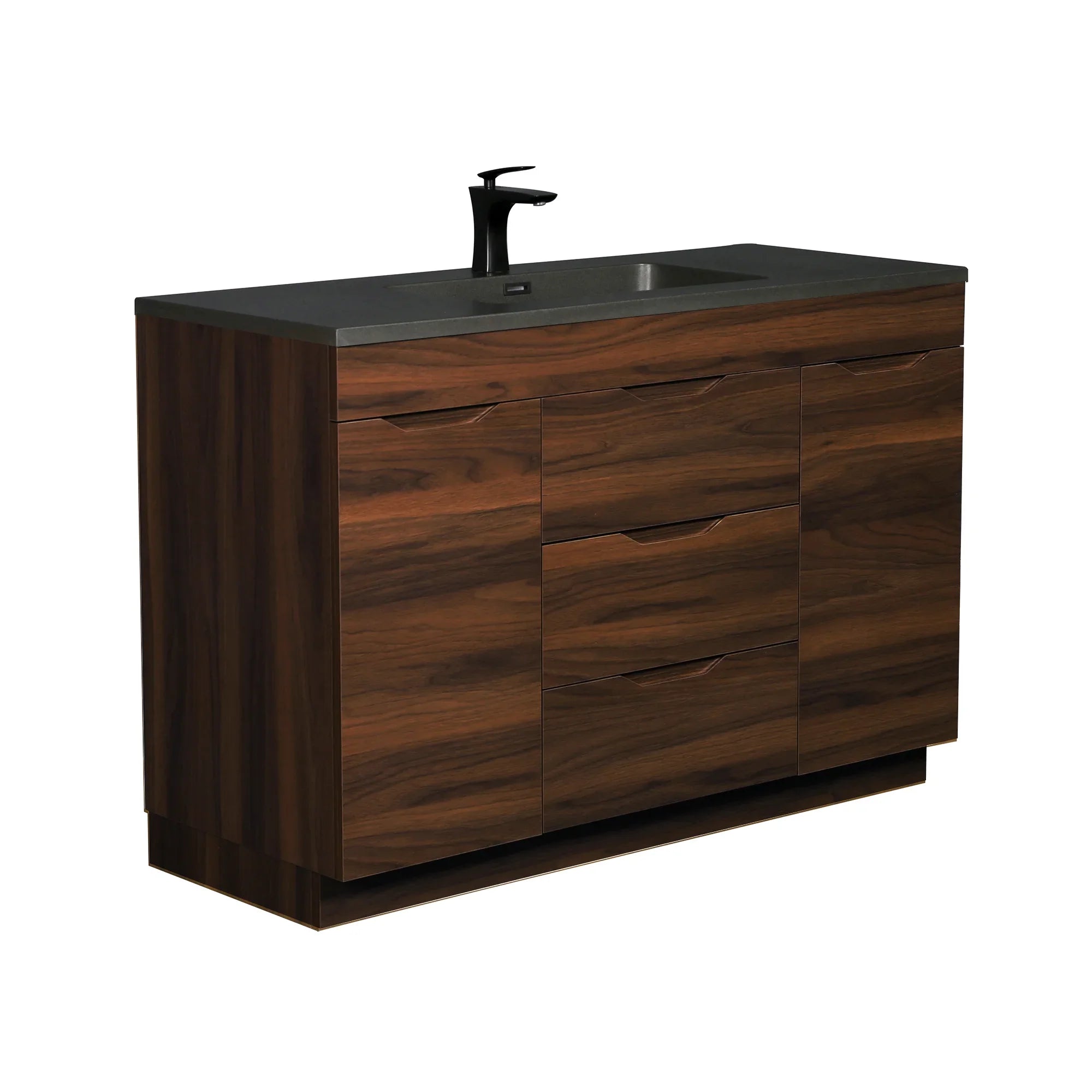 48" Walnut Freestanding Bathroom Vanity with Black Engineered Quartz Countertop-Migration_Bathroom Vanities-DECOROLALA