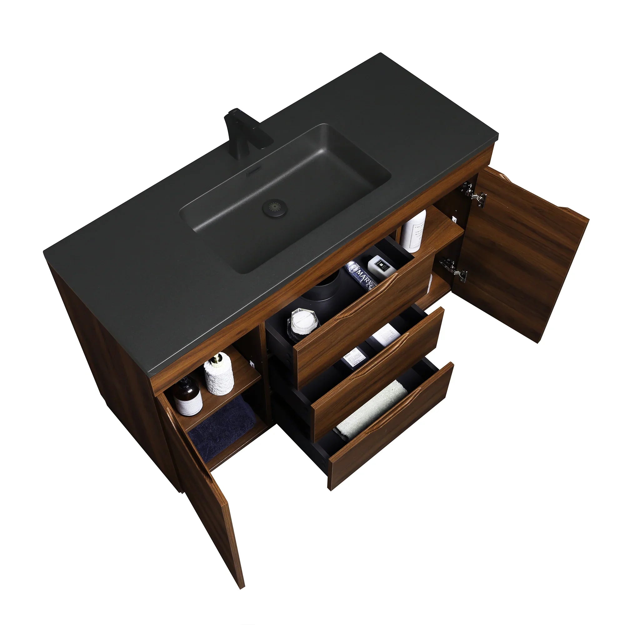 48" Walnut Freestanding Bathroom Vanity with Black Engineered Quartz Countertop-Migration_Bathroom Vanities-DECOROLALA