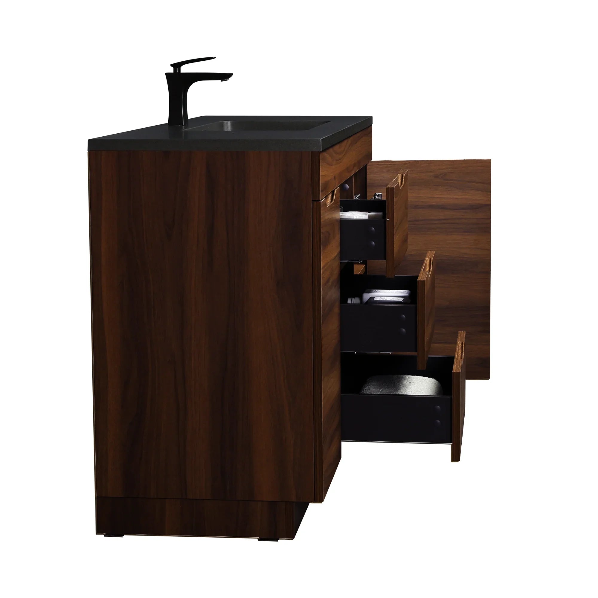 48" Walnut Freestanding Bathroom Vanity with Black Engineered Quartz Countertop-Migration_Bathroom Vanities-DECOROLALA