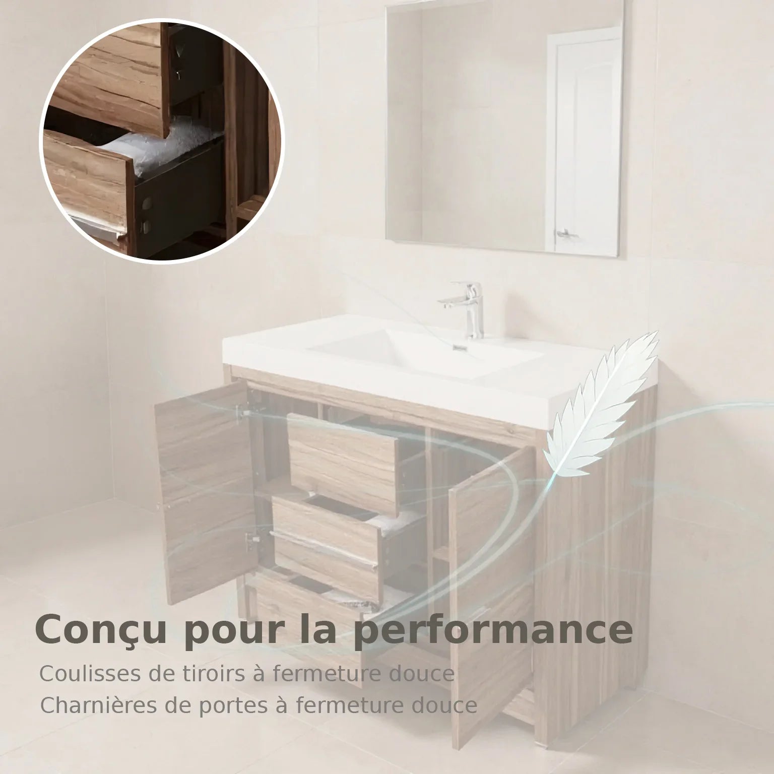 48" Walnut Freestanding Bathroom Vanity with White Polymarble Countertop-Migration_Bathroom Vanities-DECOROLALA