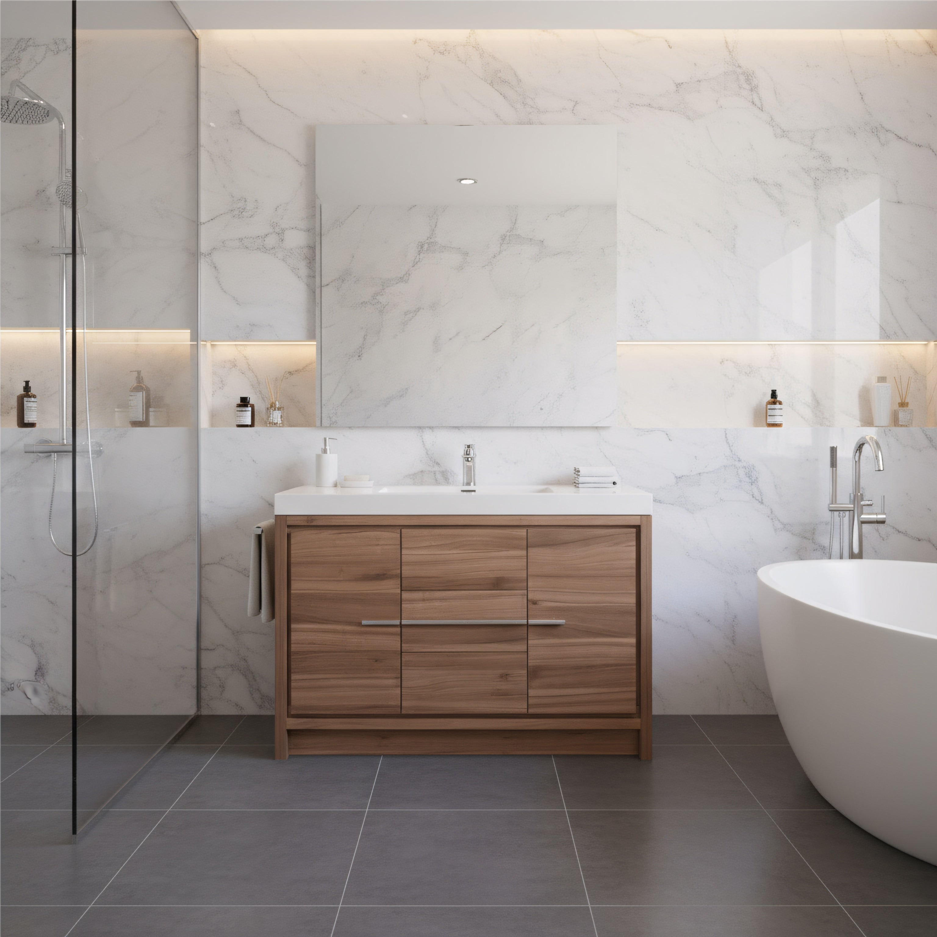 48" Walnut Freestanding Bathroom Vanity with White Polymarble Countertop-Migration_Bathroom Vanities-DECOROLALA