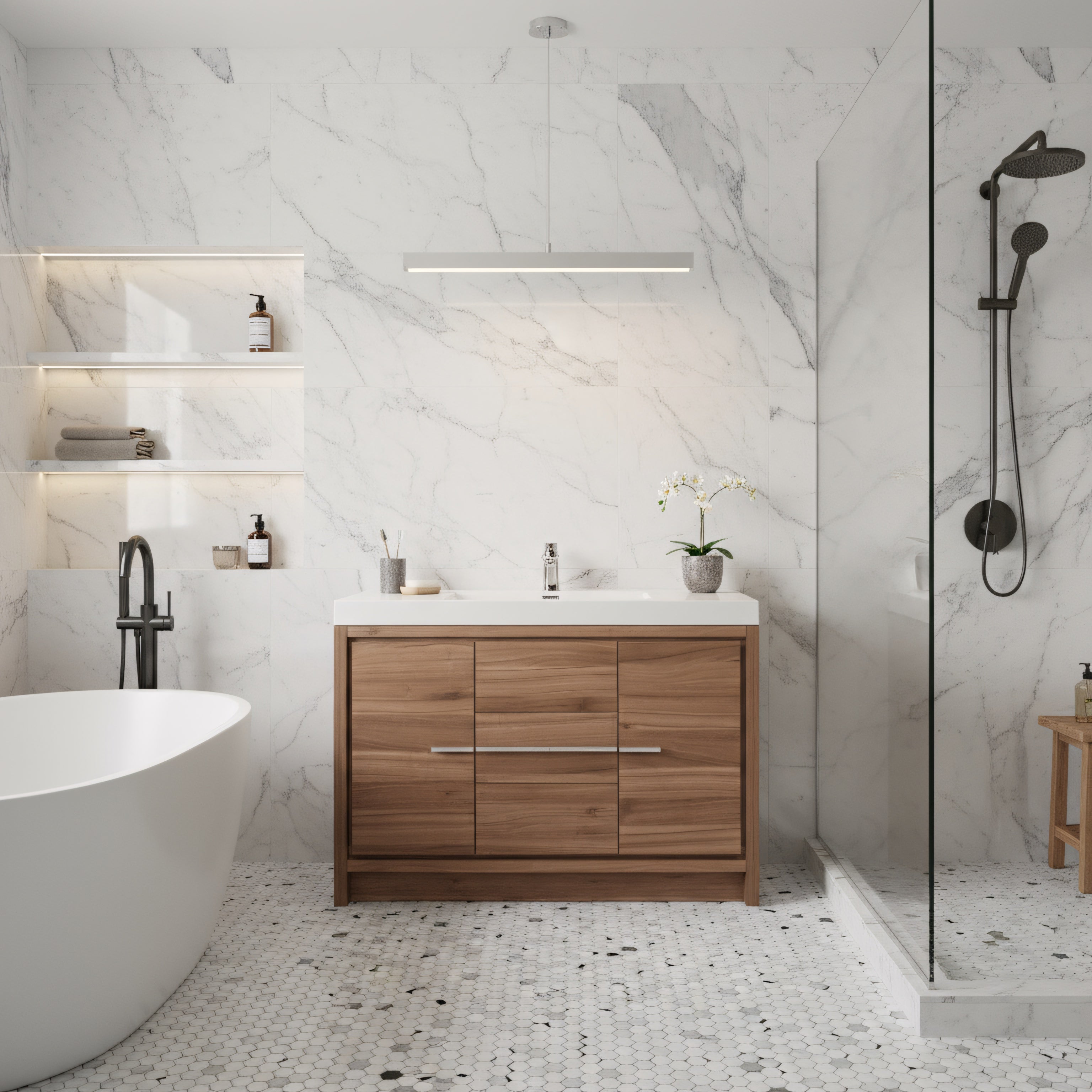 48" Walnut Freestanding Bathroom Vanity with White Polymarble Countertop-Migration_Bathroom Vanities-DECOROLALA