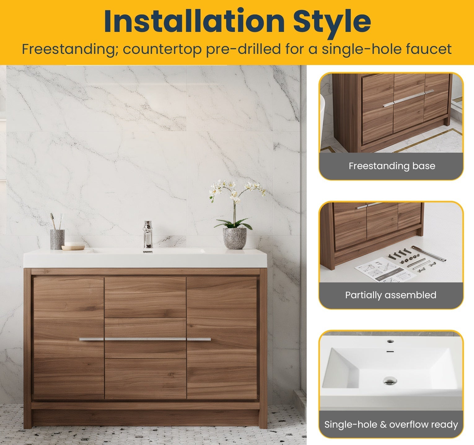 48" Walnut Freestanding Bathroom Vanity with White Polymarble Countertop-Migration_Bathroom Vanities-DECOROLALA