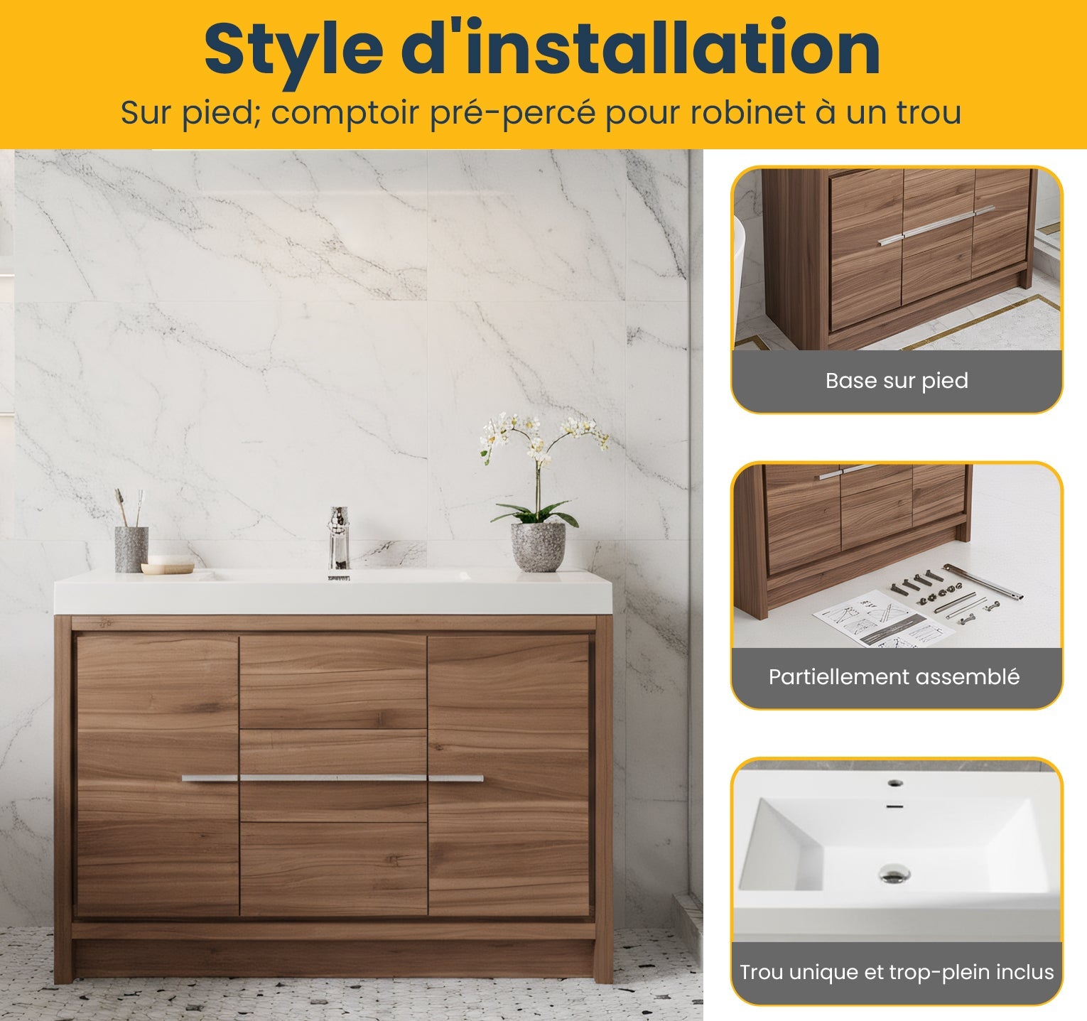 48" Walnut Freestanding Bathroom Vanity with White Polymarble Countertop-Migration_Bathroom Vanities-DECOROLALA