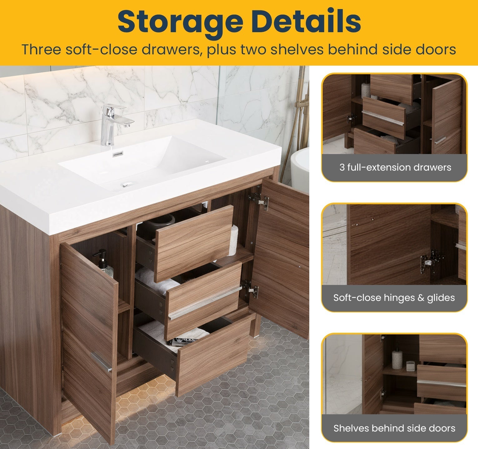 48" Walnut Freestanding Bathroom Vanity with White Polymarble Countertop-Migration_Bathroom Vanities-DECOROLALA