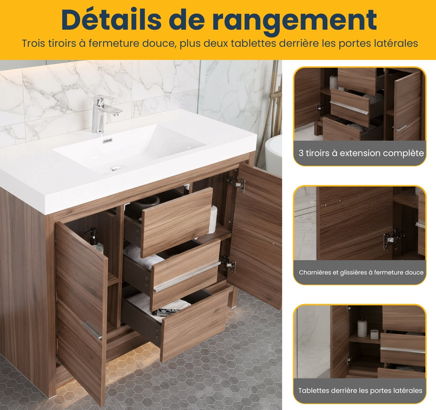 48" Walnut Freestanding Bathroom Vanity with White Polymarble Countertop-Migration_Bathroom Vanities-DECOROLALA