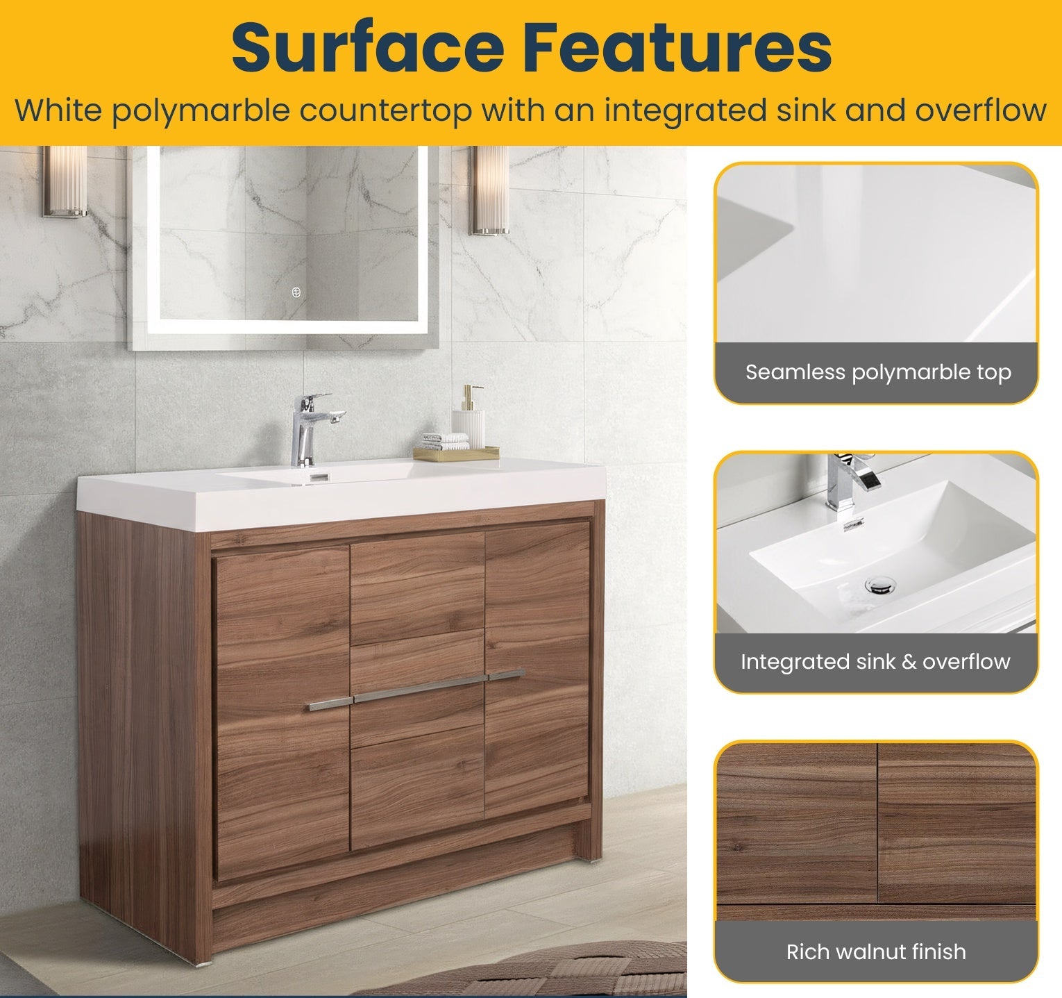 48" Walnut Freestanding Bathroom Vanity with White Polymarble Countertop-Migration_Bathroom Vanities-DECOROLALA