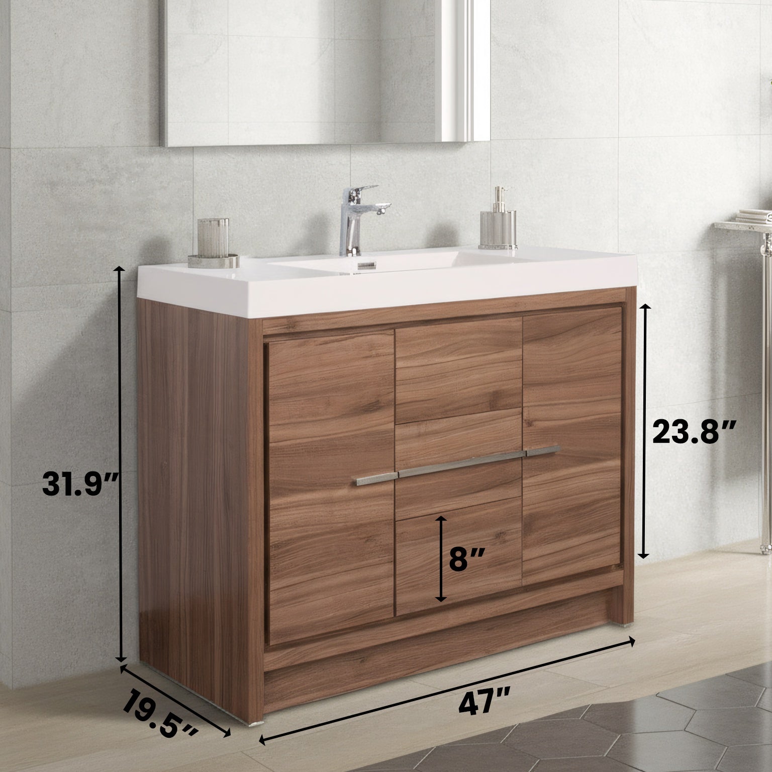 48" Walnut Freestanding Bathroom Vanity with White Polymarble Countertop-Migration_Bathroom Vanities-DECOROLALA