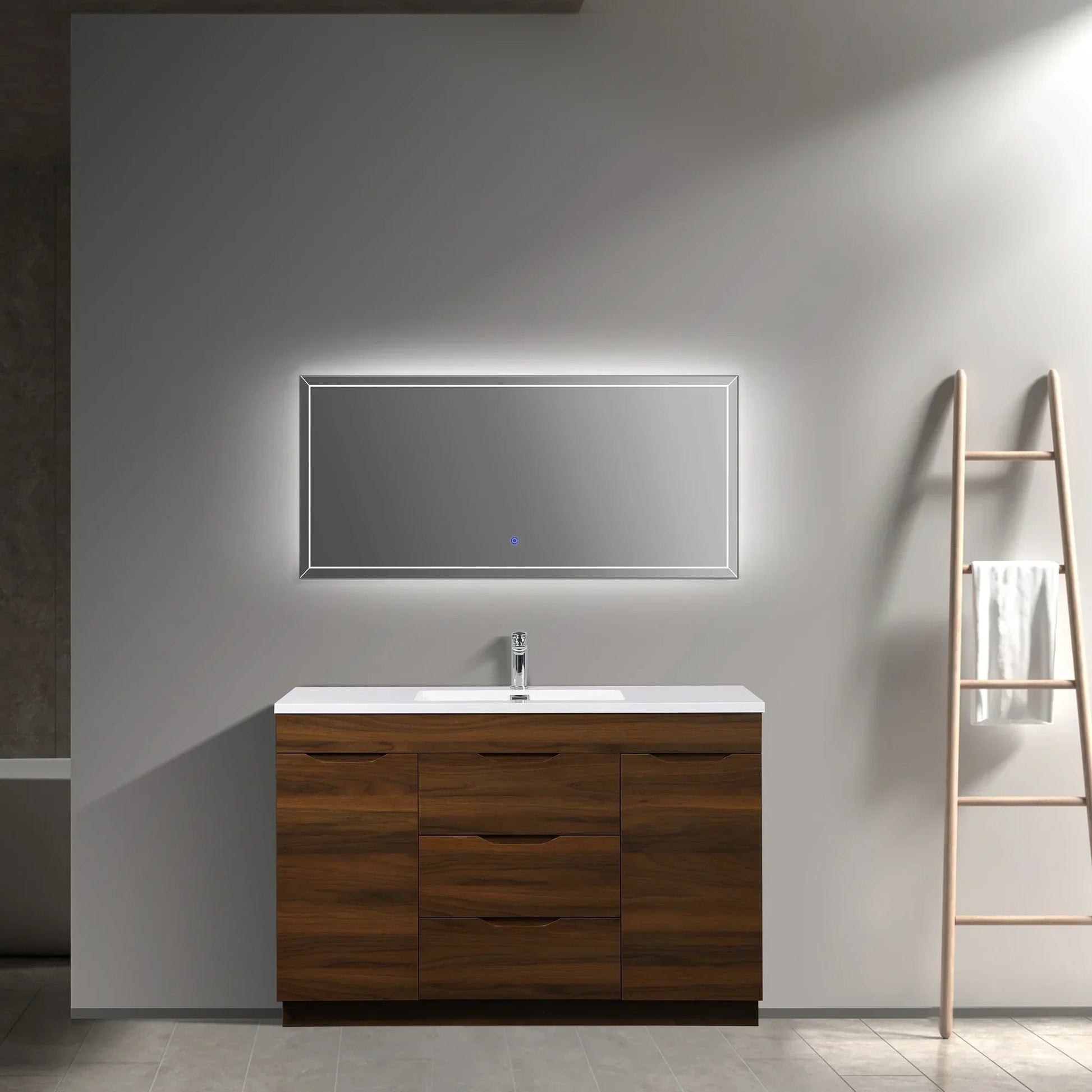 48" Walnut Freestanding Bathroom Vanity with White Polymarble Countertop-Migration_Bathroom Vanities-DECOROLALA