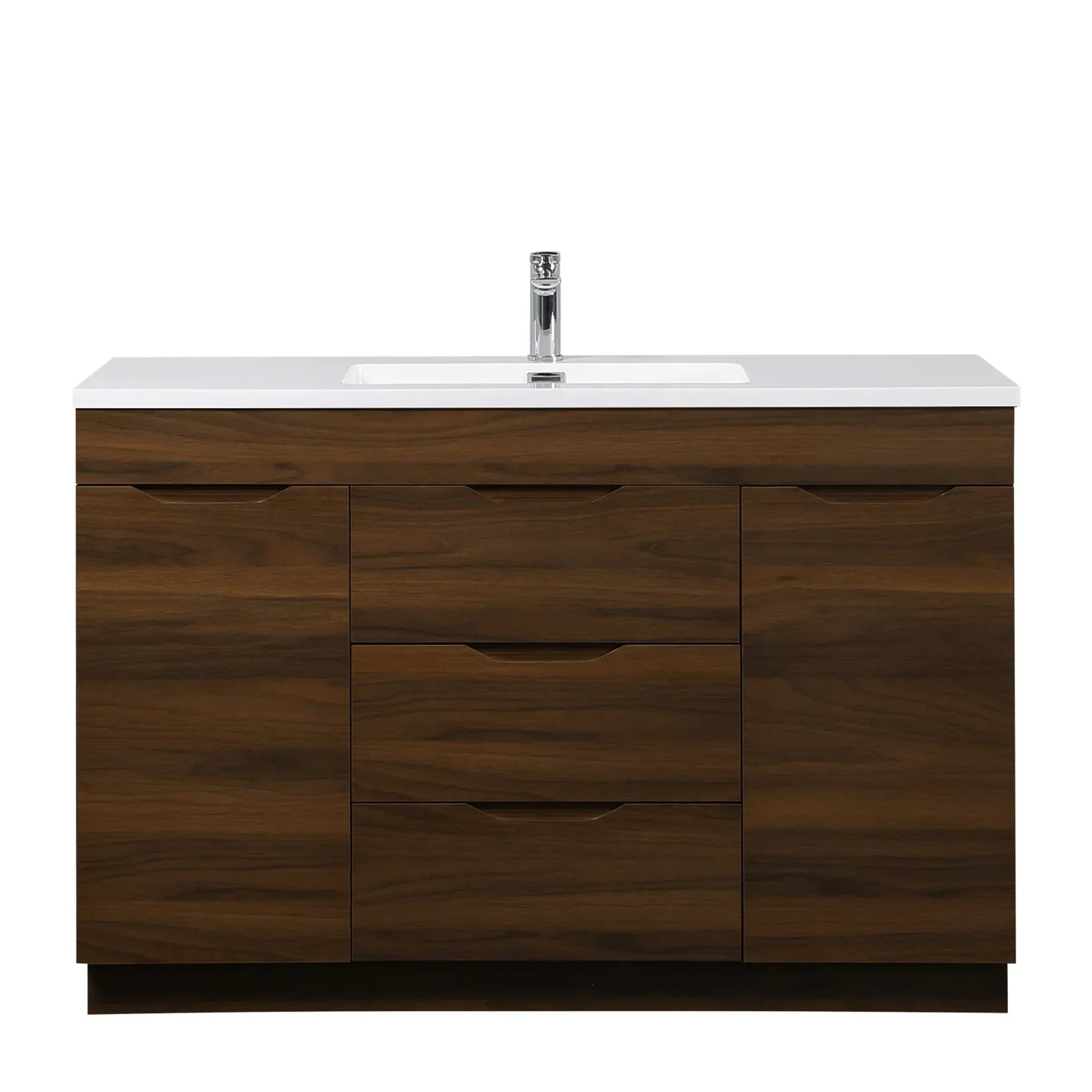 48" Walnut Freestanding Bathroom Vanity with White Polymarble Countertop-Migration_Bathroom Vanities-DECOROLALA