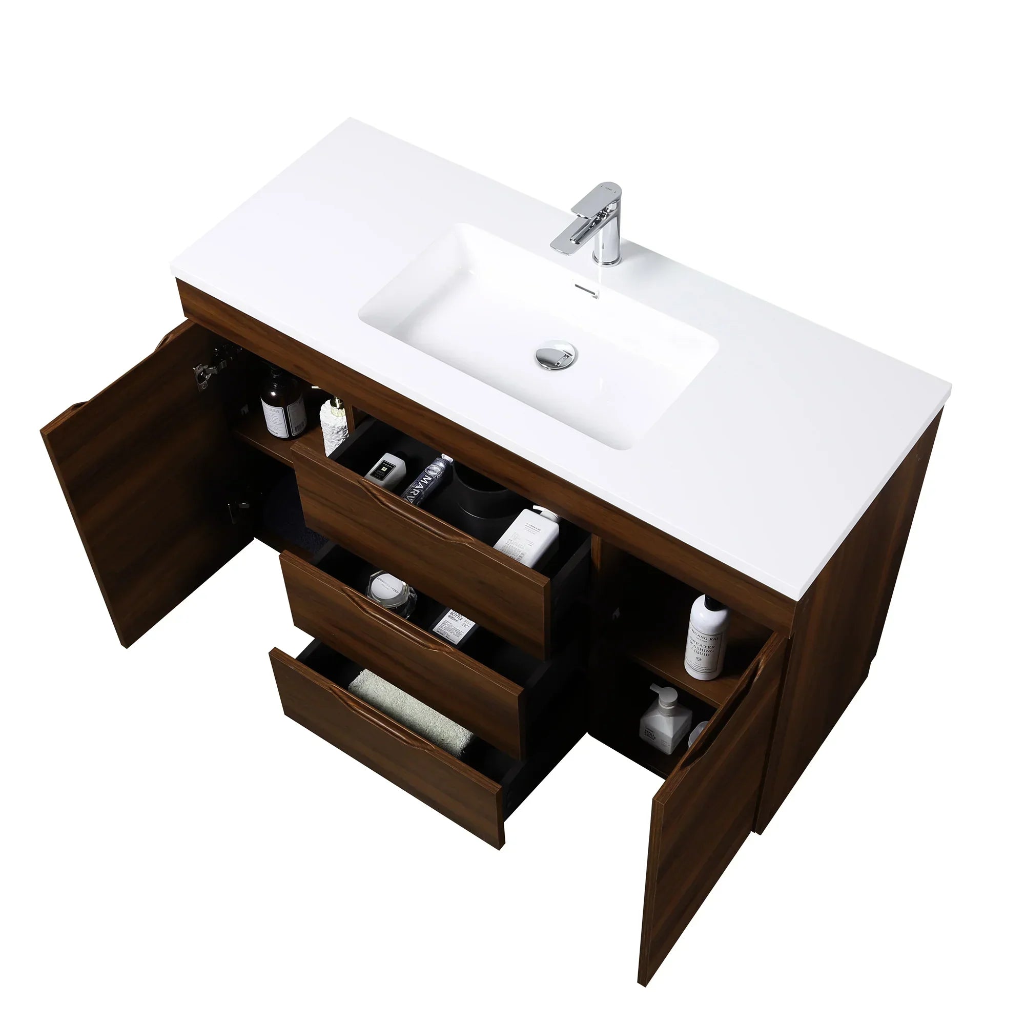 48" Walnut Freestanding Bathroom Vanity with White Polymarble Countertop-Migration_Bathroom Vanities-DECOROLALA