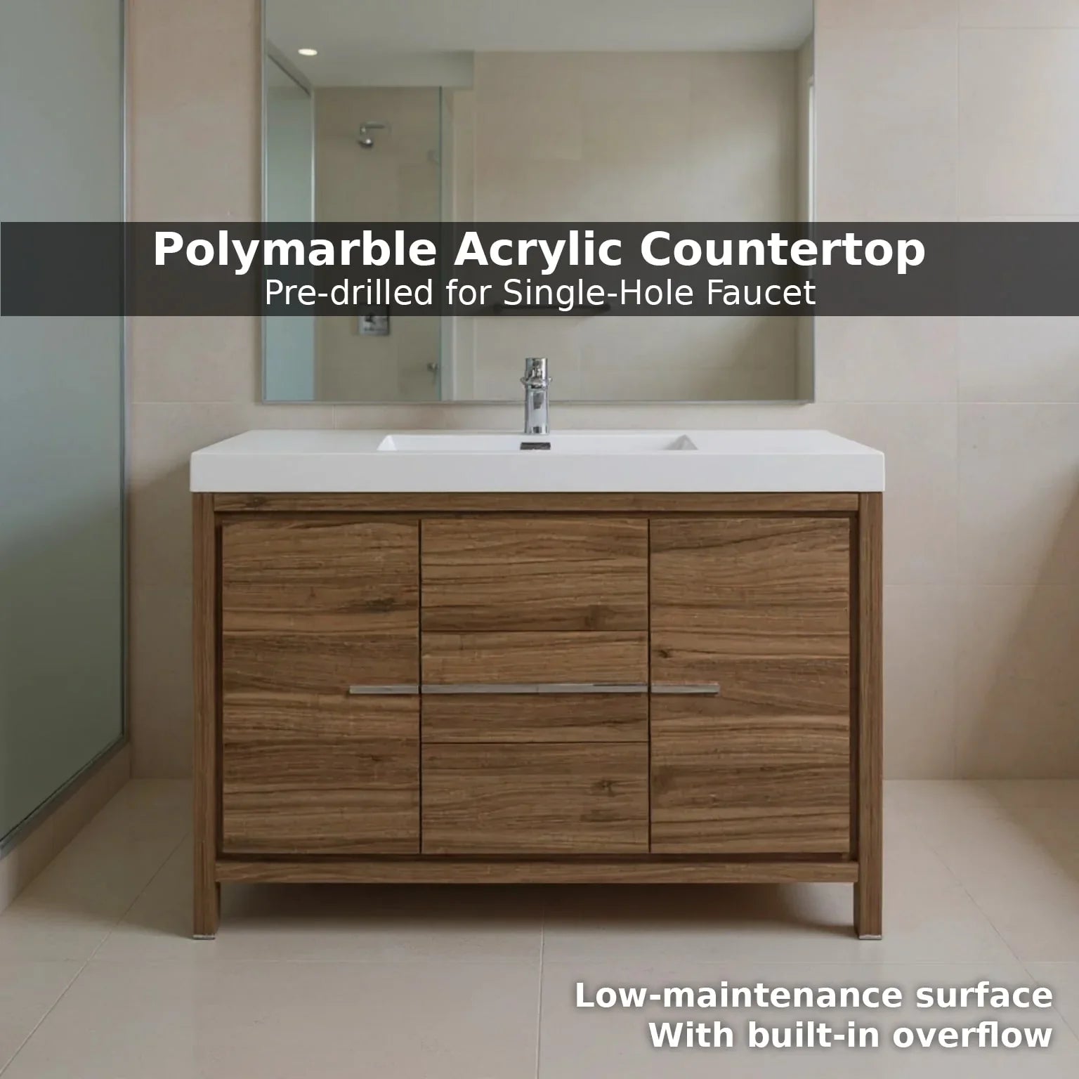 48" Walnut Freestanding Bathroom Vanity with White Polymarble Countertop-Migration_Bathroom Vanities-DECOROLALA