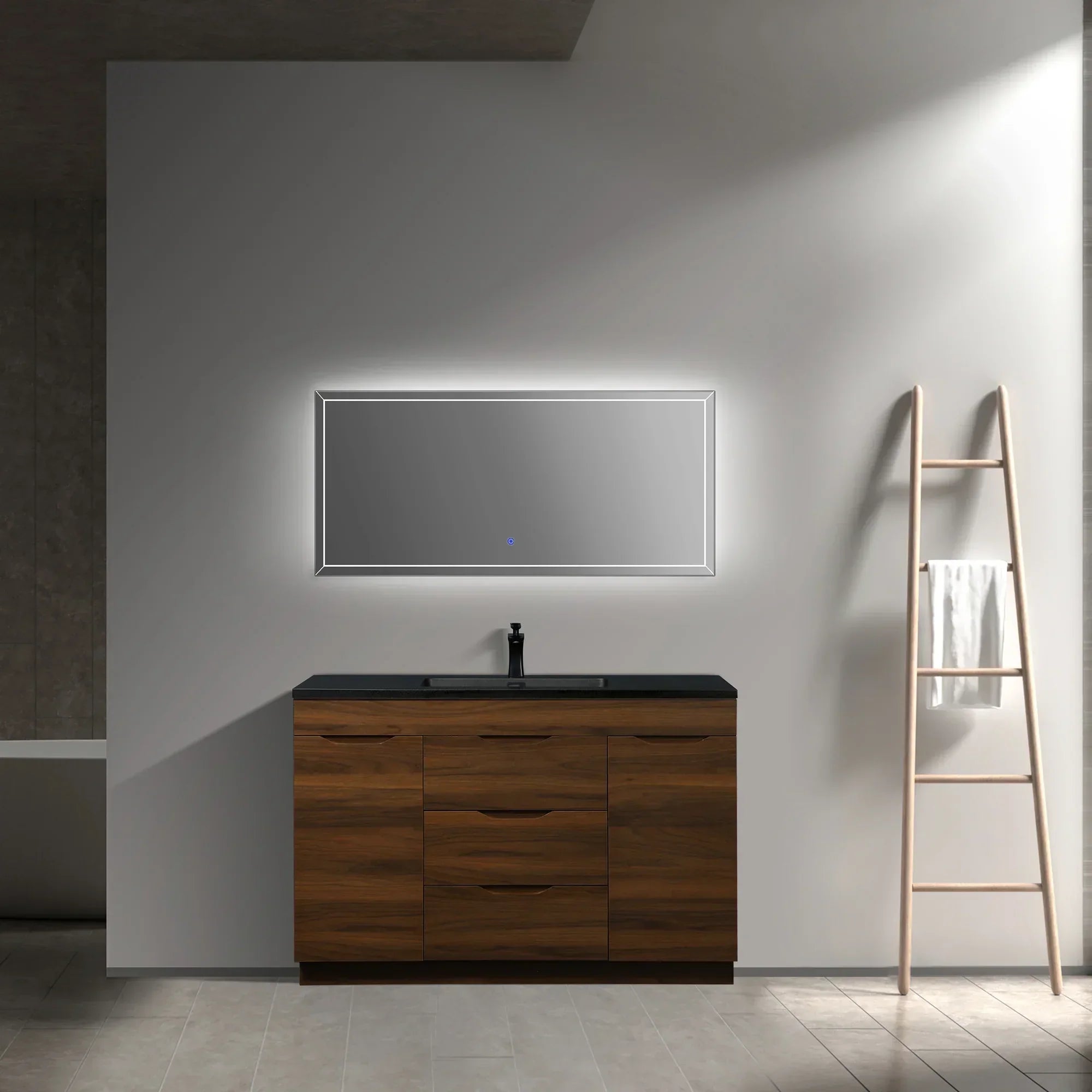 48" Walnut Freestanding Bathroom Vanity with White Polymarble Countertop-Migration_Bathroom Vanities-DECOROLALA