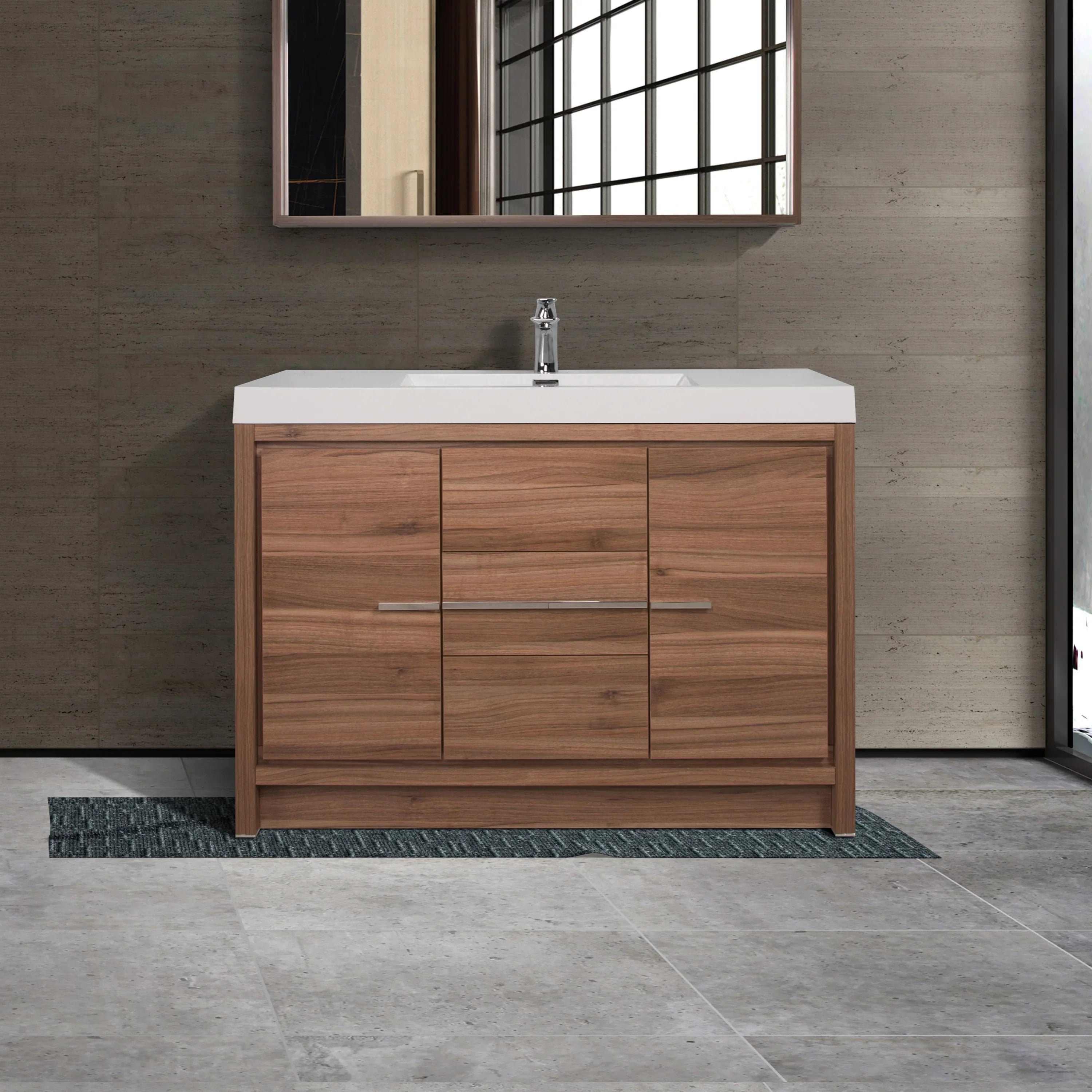 48" Walnut Freestanding Bathroom Vanity with White Polymarble Countertop-Migration_Bathroom Vanities-DECOROLALA
