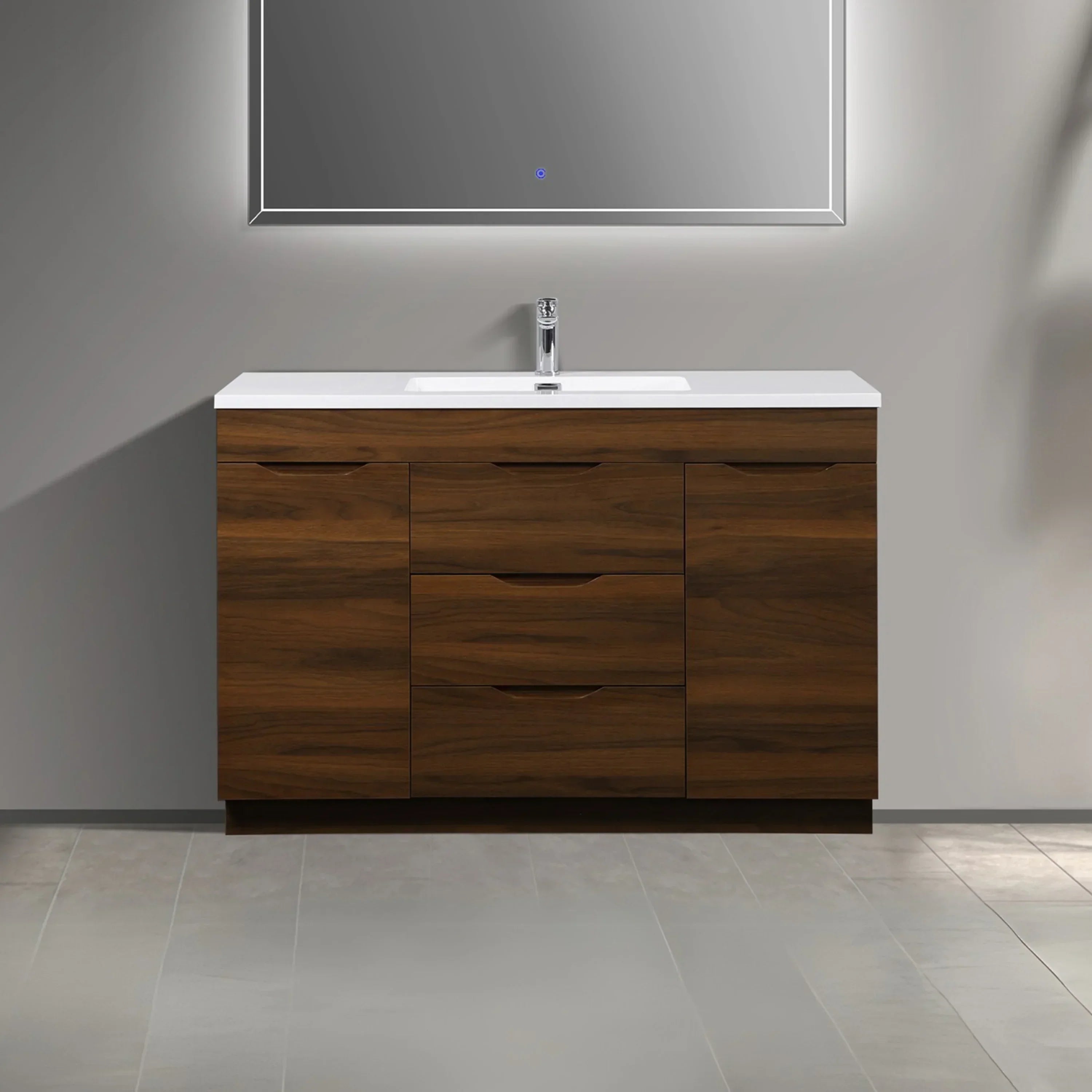48" Walnut Freestanding Bathroom Vanity with White Polymarble Countertop-Migration_Bathroom Vanities-DECOROLALA