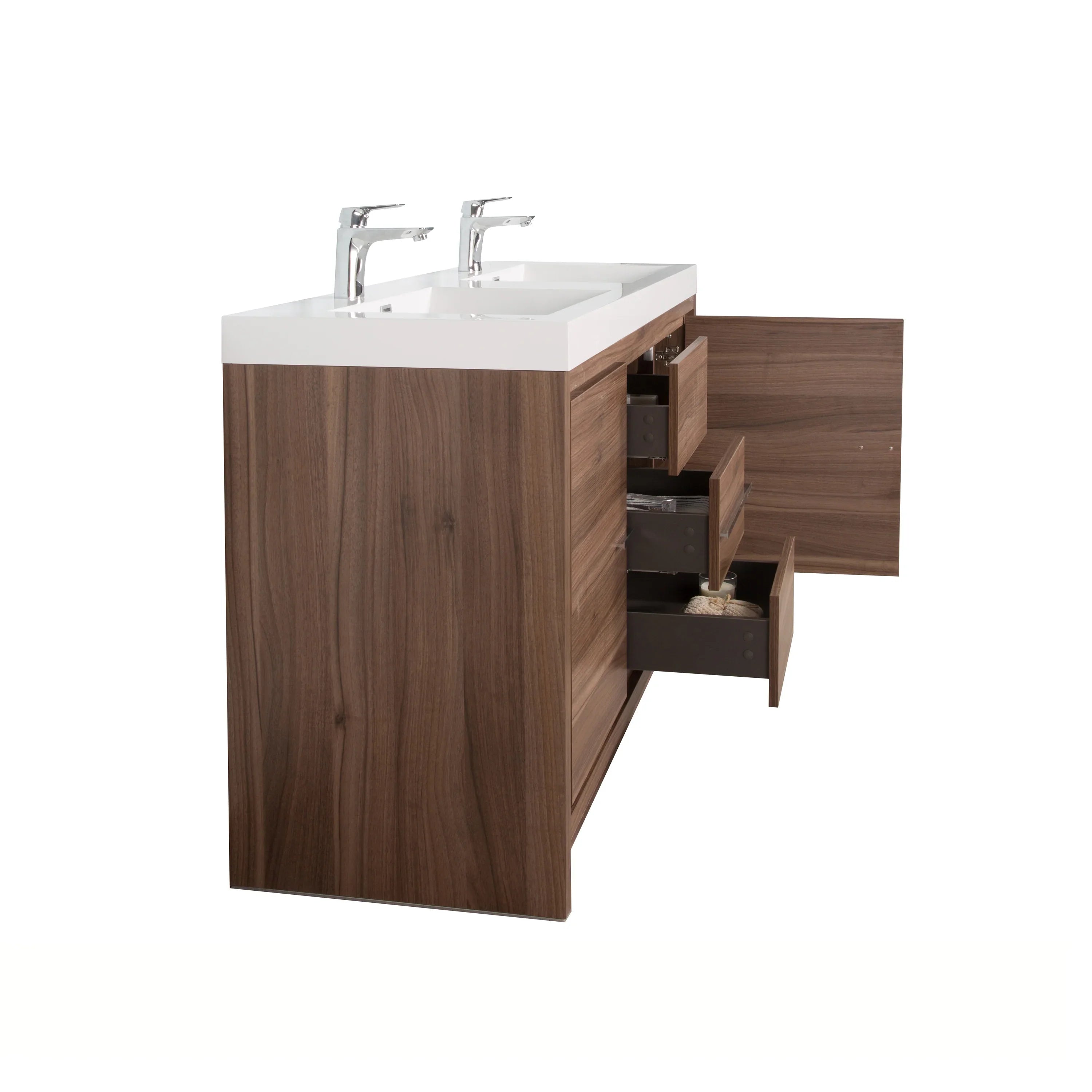 48" Walnut Freestanding Double Sink Bathroom Vanity with White Polymarble Countertop-Migration_Bathroom Vanities-DECOROLALA