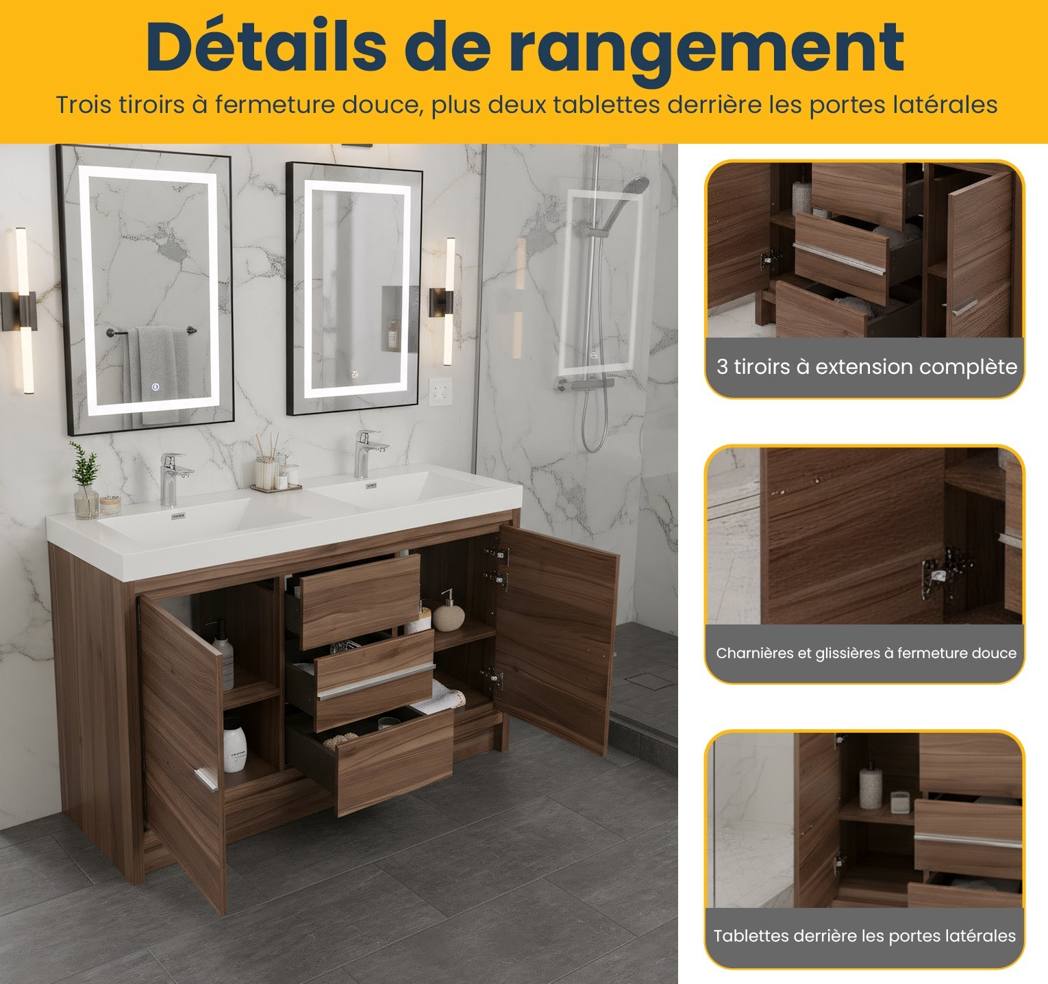 48" Walnut Freestanding Double Sink Bathroom Vanity with White Polymarble Countertop-Migration_Bathroom Vanities-DECOROLALA