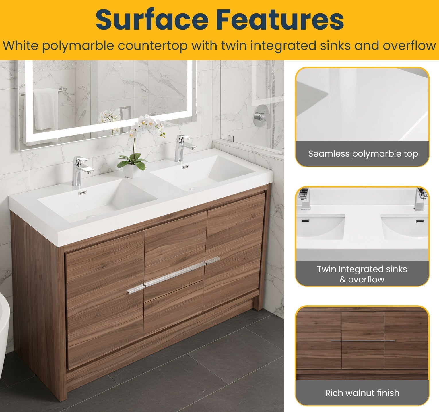 48" Walnut Freestanding Double Sink Bathroom Vanity with White Polymarble Countertop-Migration_Bathroom Vanities-DECOROLALA