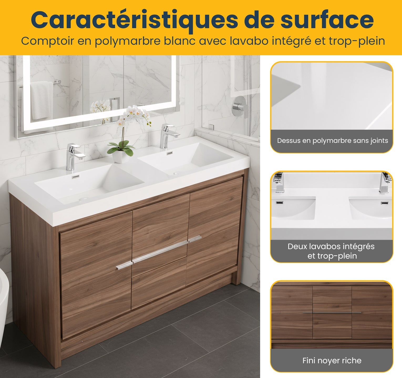 48" Walnut Freestanding Double Sink Bathroom Vanity with White Polymarble Countertop-Migration_Bathroom Vanities-DECOROLALA