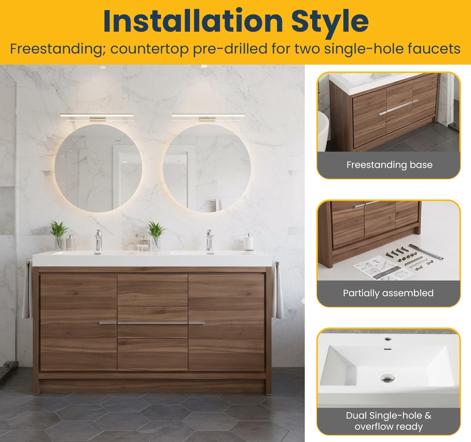 48" Walnut Freestanding Double Sink Bathroom Vanity with White Polymarble Countertop-Migration_Bathroom Vanities-DECOROLALA