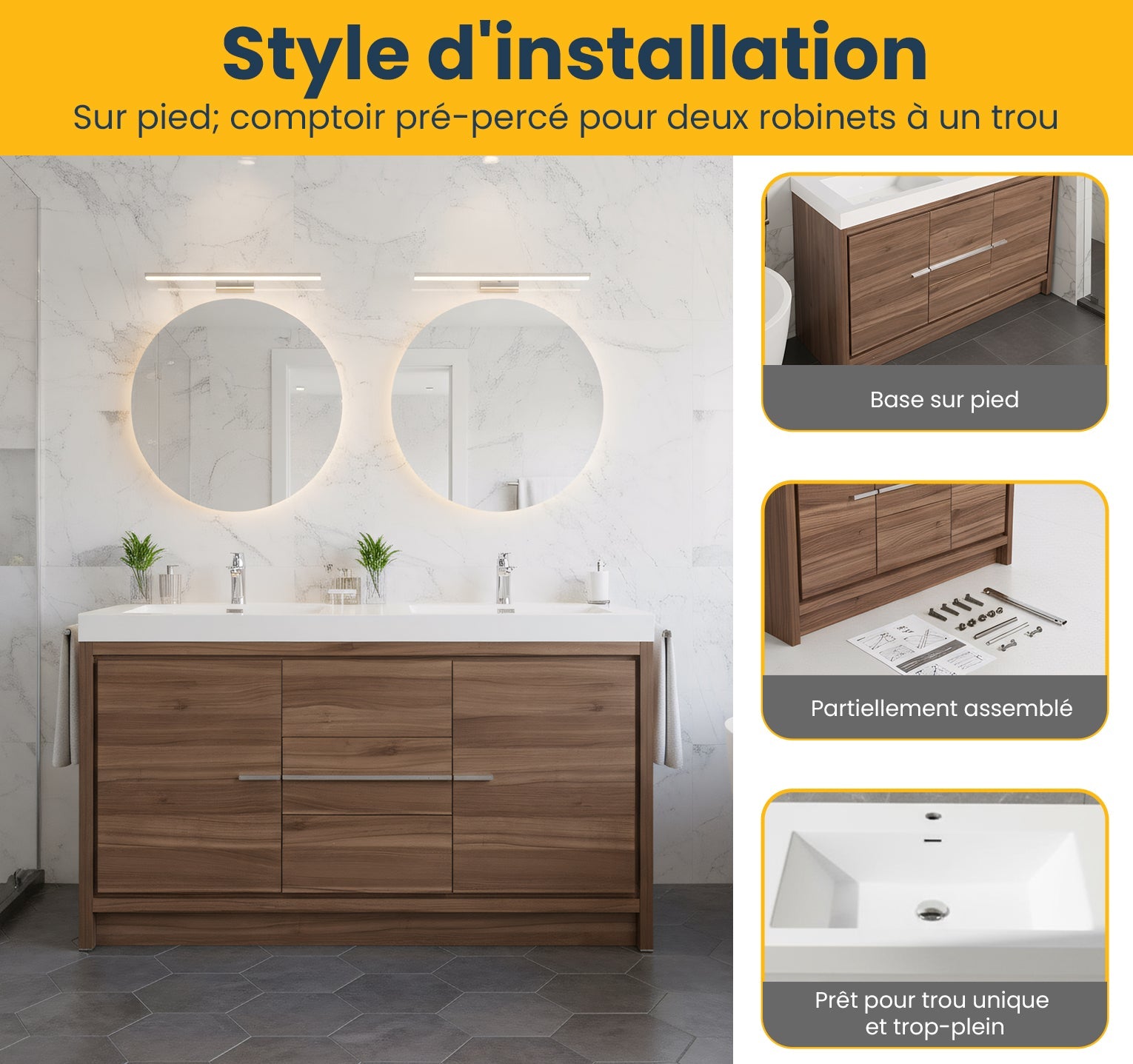 48" Walnut Freestanding Double Sink Bathroom Vanity with White Polymarble Countertop-Migration_Bathroom Vanities-DECOROLALA