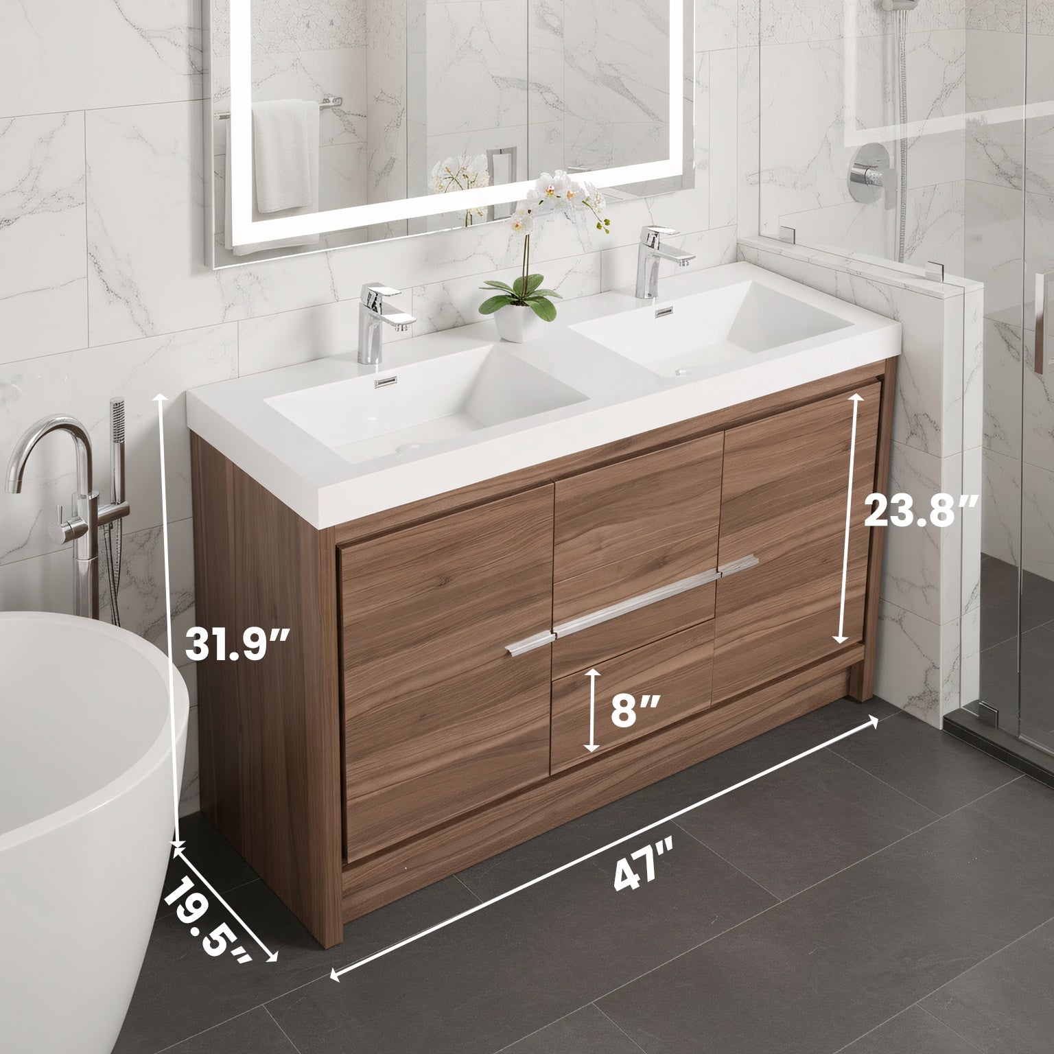 48" Walnut Freestanding Double Sink Bathroom Vanity with White Polymarble Countertop-Migration_Bathroom Vanities-DECOROLALA