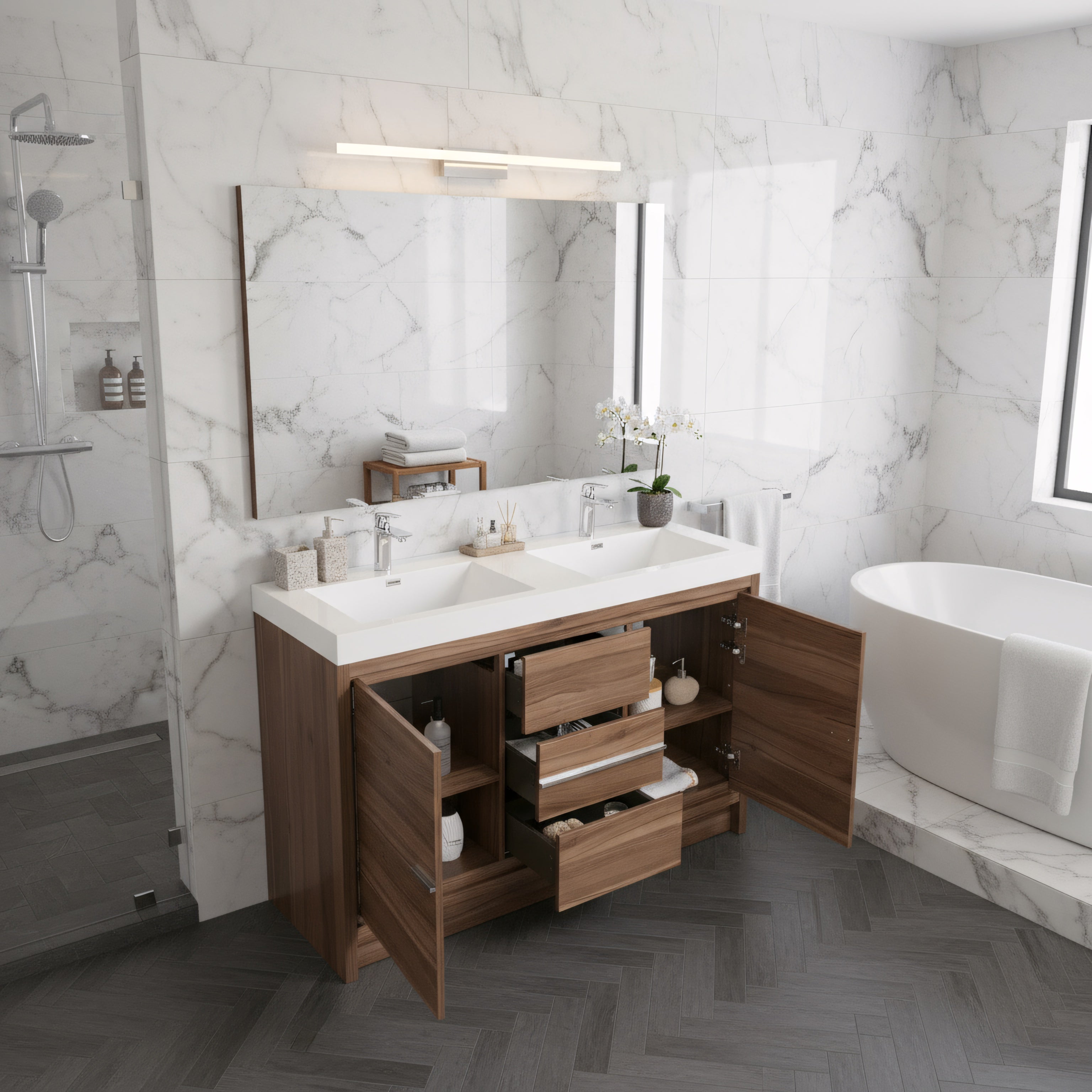 48" Walnut Freestanding Double Sink Bathroom Vanity with White Polymarble Countertop-Migration_Bathroom Vanities-DECOROLALA