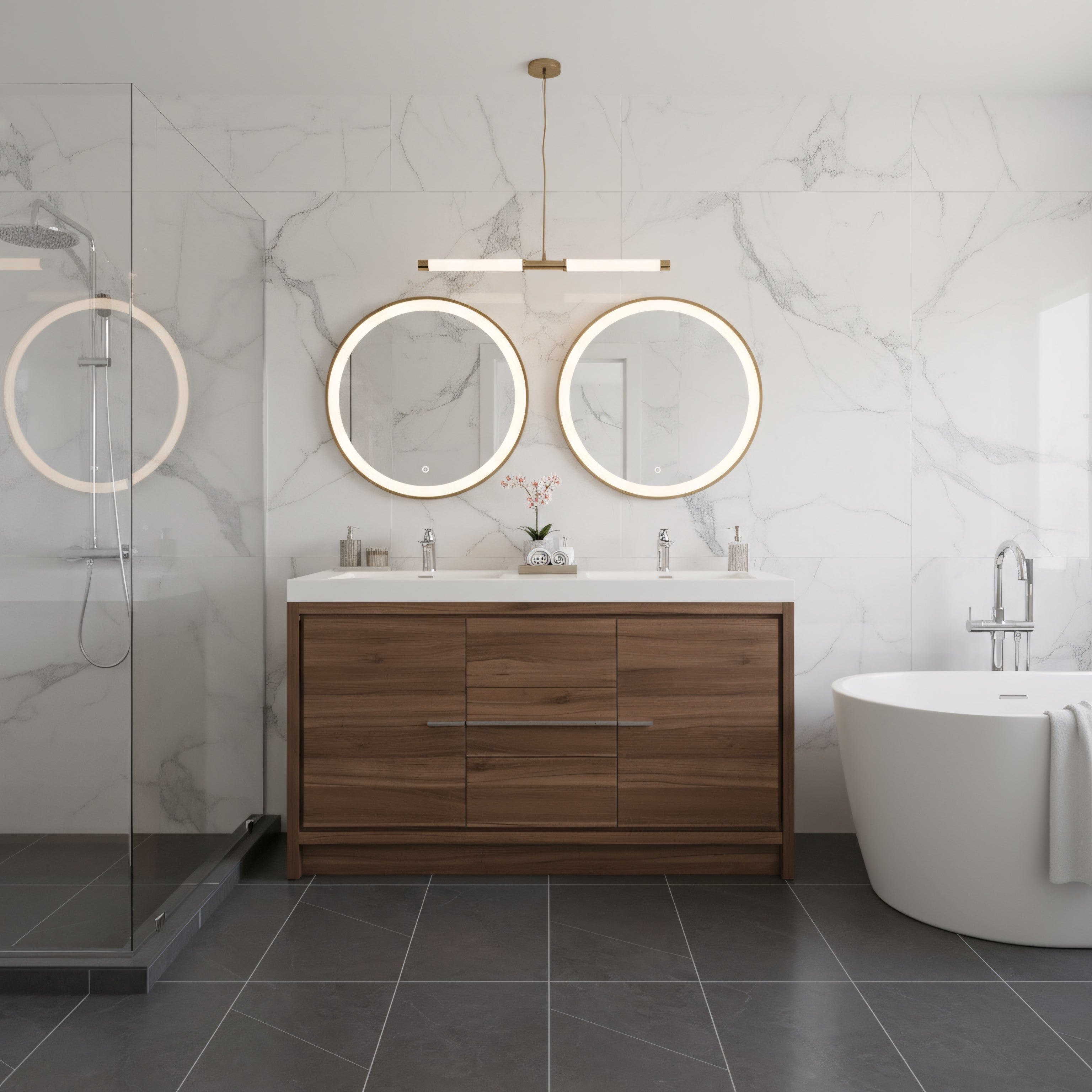 48" Walnut Freestanding Double Sink Bathroom Vanity with White Polymarble Countertop-Migration_Bathroom Vanities-DECOROLALA