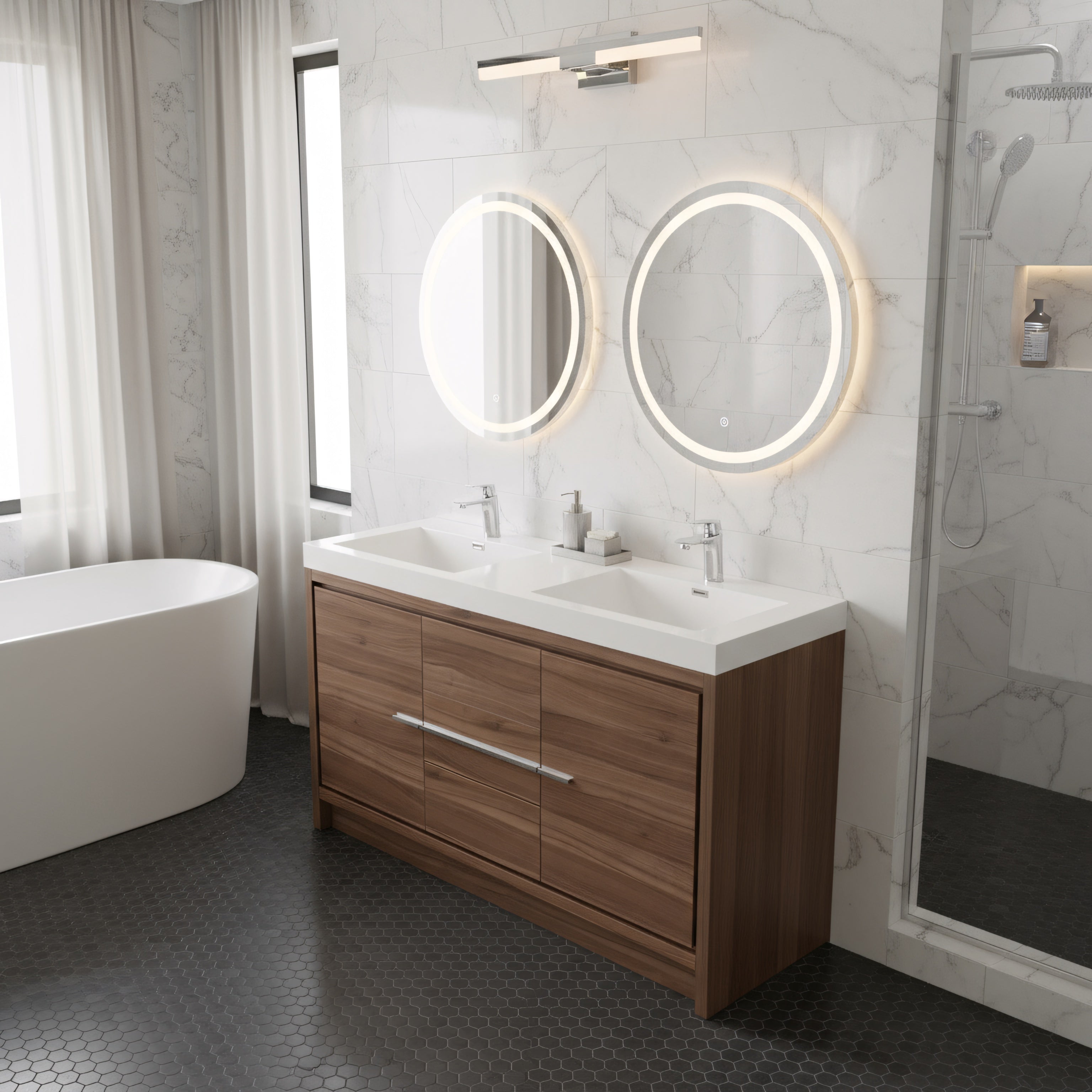 48" Walnut Freestanding Double Sink Bathroom Vanity with White Polymarble Countertop-Migration_Bathroom Vanities-DECOROLALA