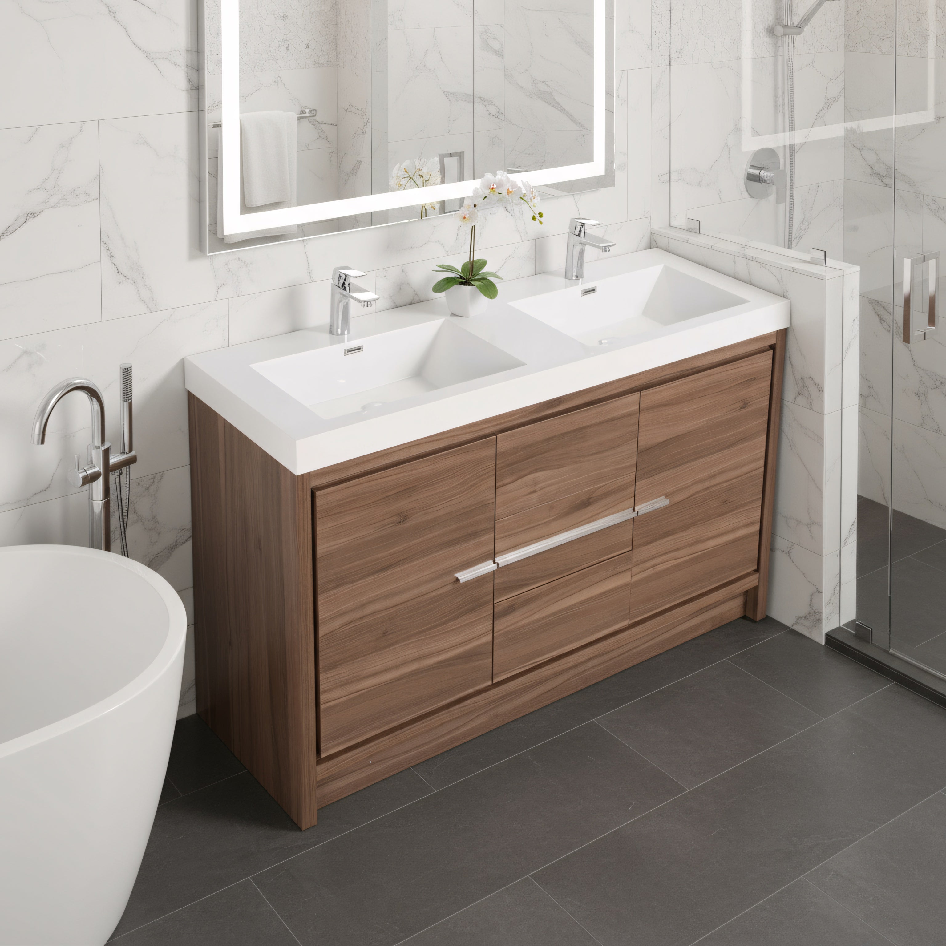 48" Walnut Freestanding Double Sink Bathroom Vanity with White Polymarble Countertop-Migration_Bathroom Vanities-DECOROLALA