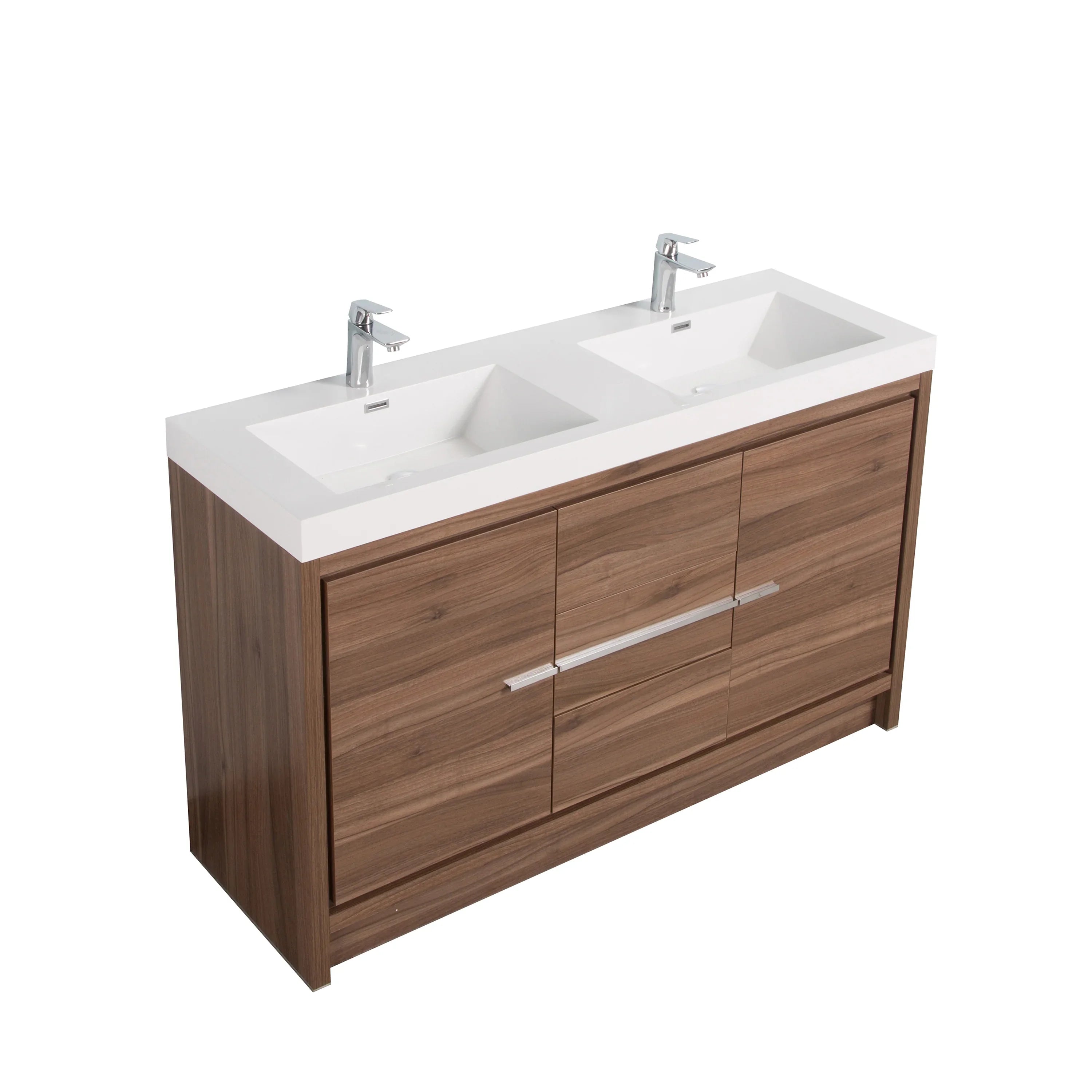 48" Walnut Freestanding Double Sink Bathroom Vanity with White Polymarble Countertop-Migration_Bathroom Vanities-DECOROLALA