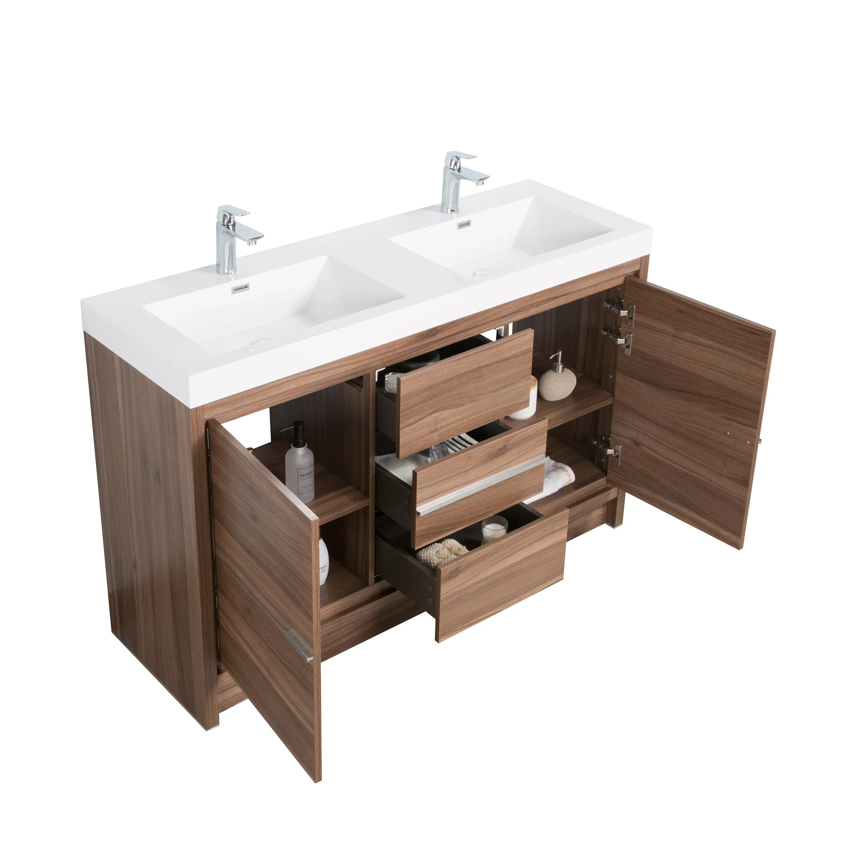 48" Walnut Freestanding Double Sink Bathroom Vanity with White Polymarble Countertop-Migration_Bathroom Vanities-DECOROLALA
