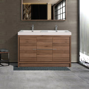 48" Walnut Freestanding Double Sink Bathroom Vanity with White Polymarble Countertop-Migration_Bathroom Vanities-DECOROLALA