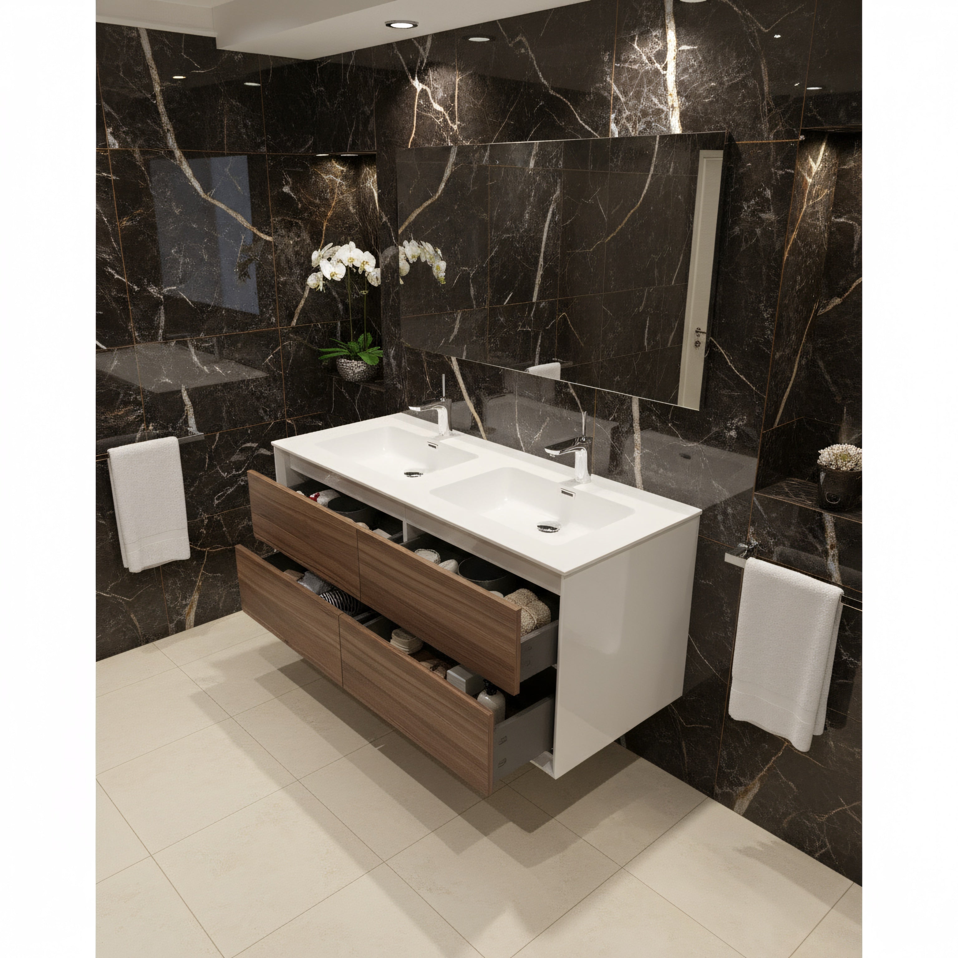 48" Walnut Wall Mount Double Sink Bathroom Vanity with White Polymarble Countertop-Migration_Bathroom Vanities-DECOROLALA