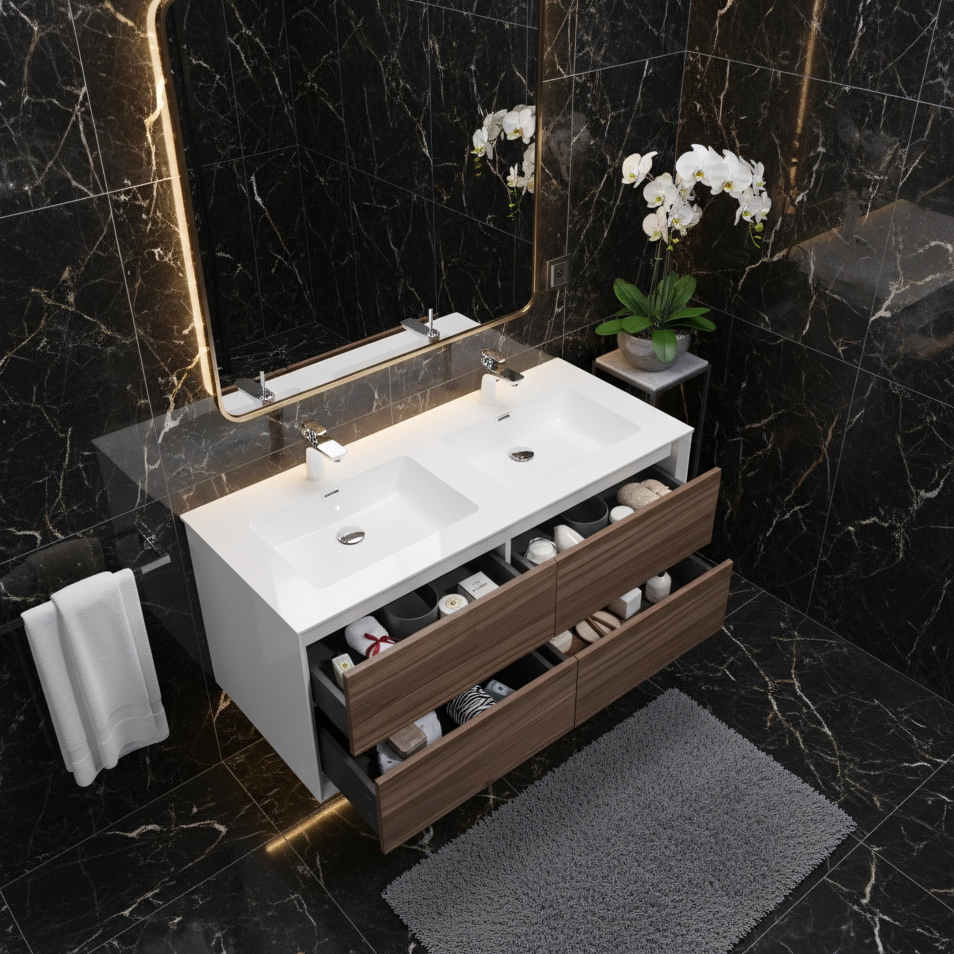 48" Walnut Wall Mount Double Sink Bathroom Vanity with White Polymarble Countertop-Migration_Bathroom Vanities-DECOROLALA