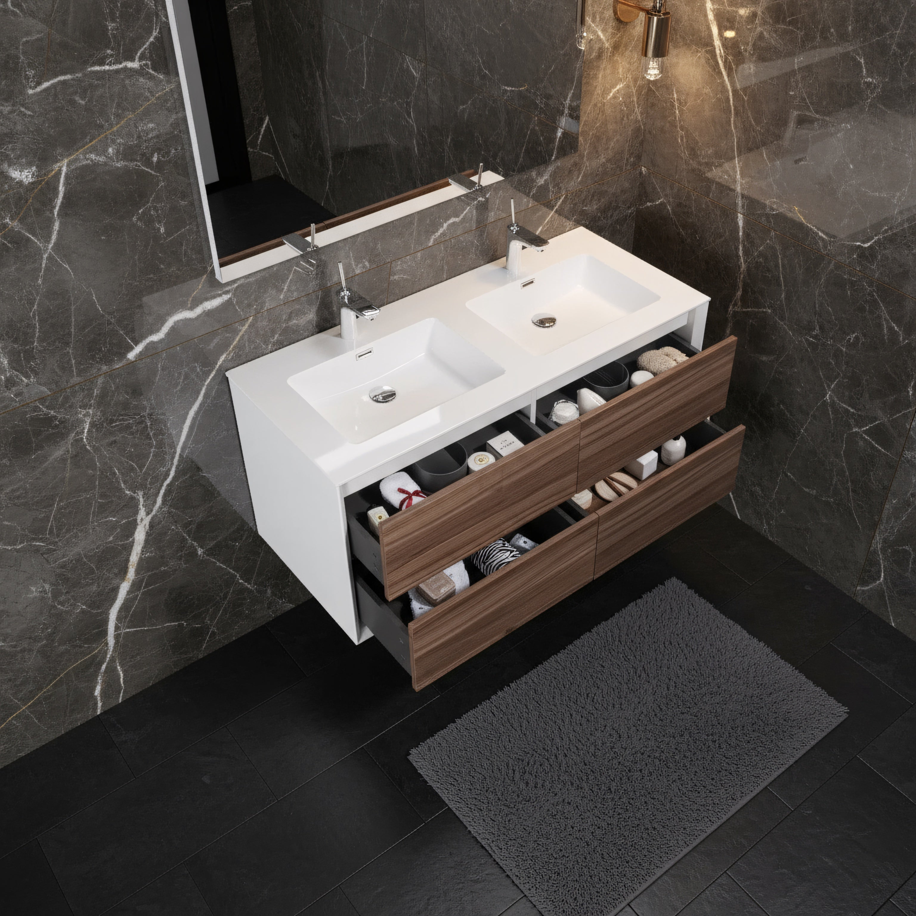 48" Walnut Wall Mount Double Sink Bathroom Vanity with White Polymarble Countertop-Migration_Bathroom Vanities-DECOROLALA